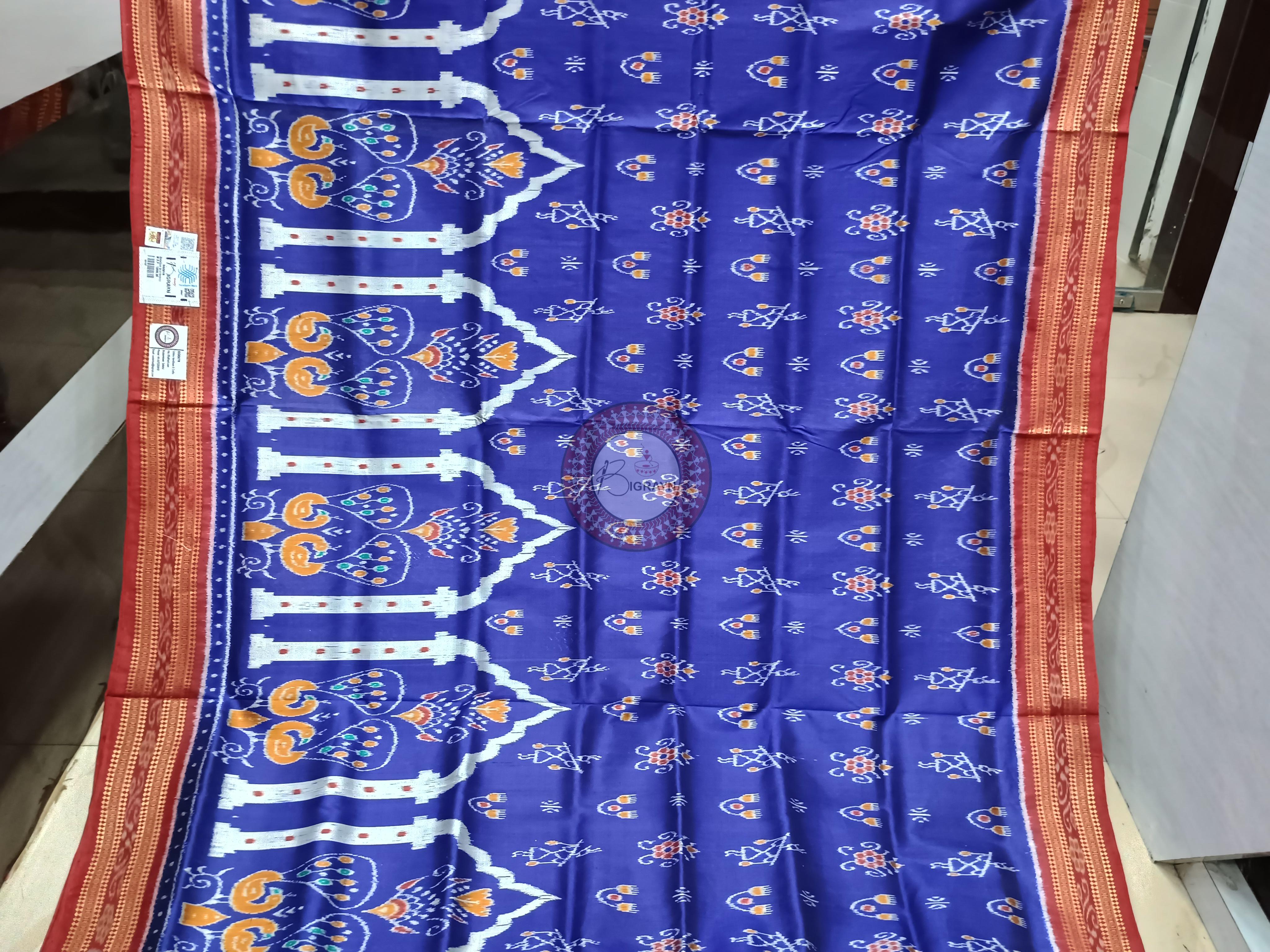 Blue Red Peacock Scot Design Khandua Silk Saree