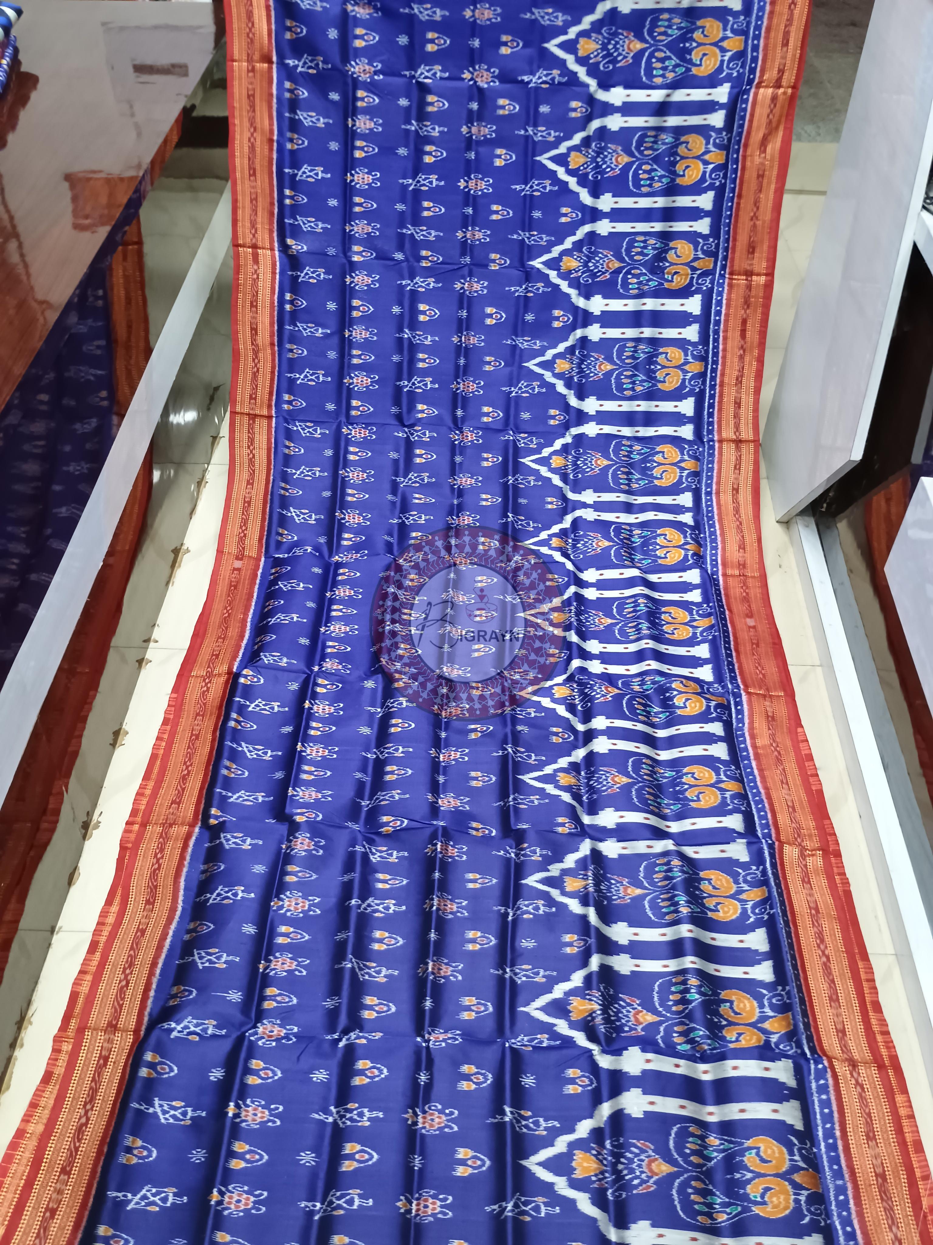 Blue Red Peacock Scot Design Khandua Silk Saree