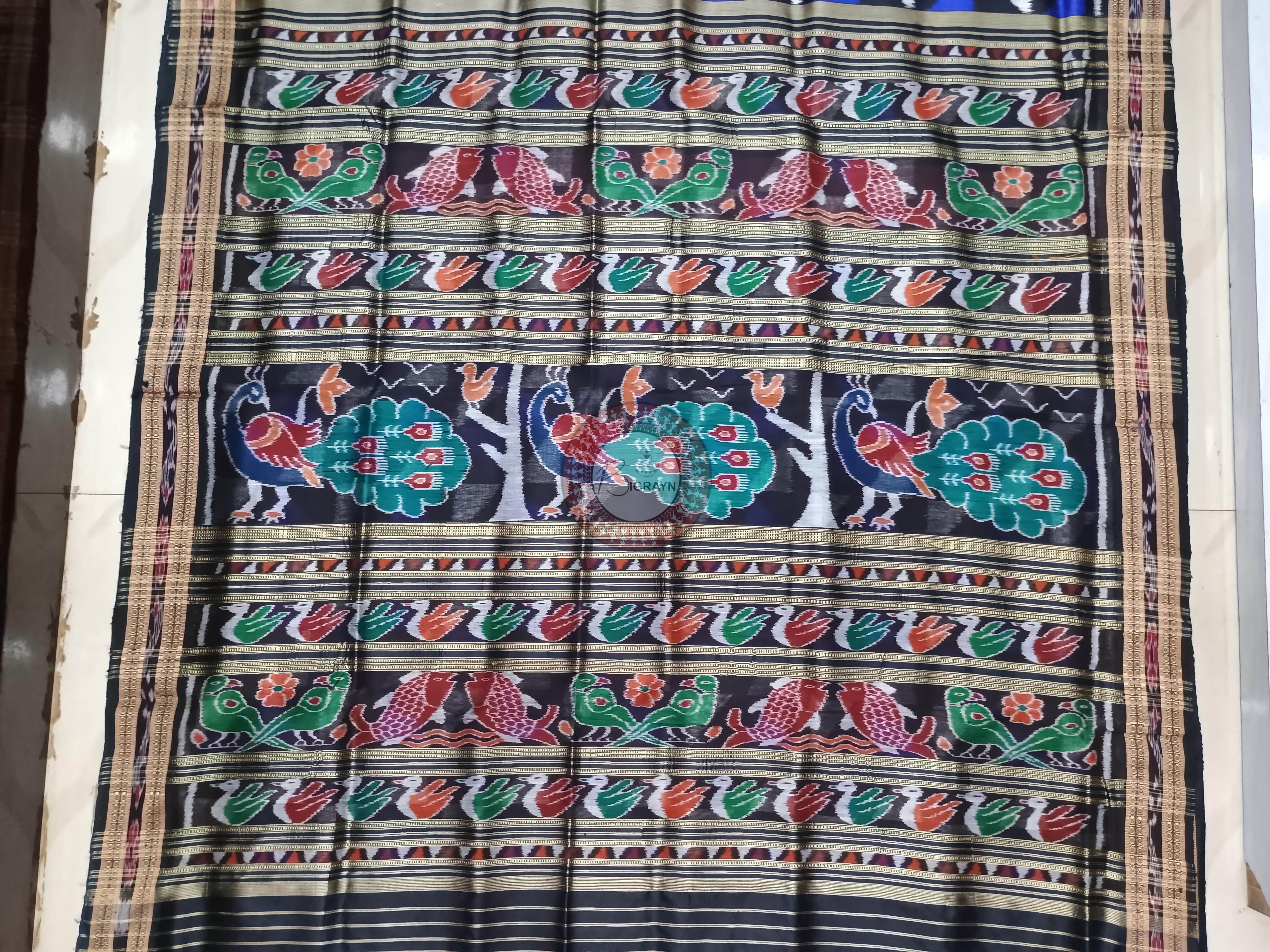Blue Black Flag Design Khandua Silk Saree