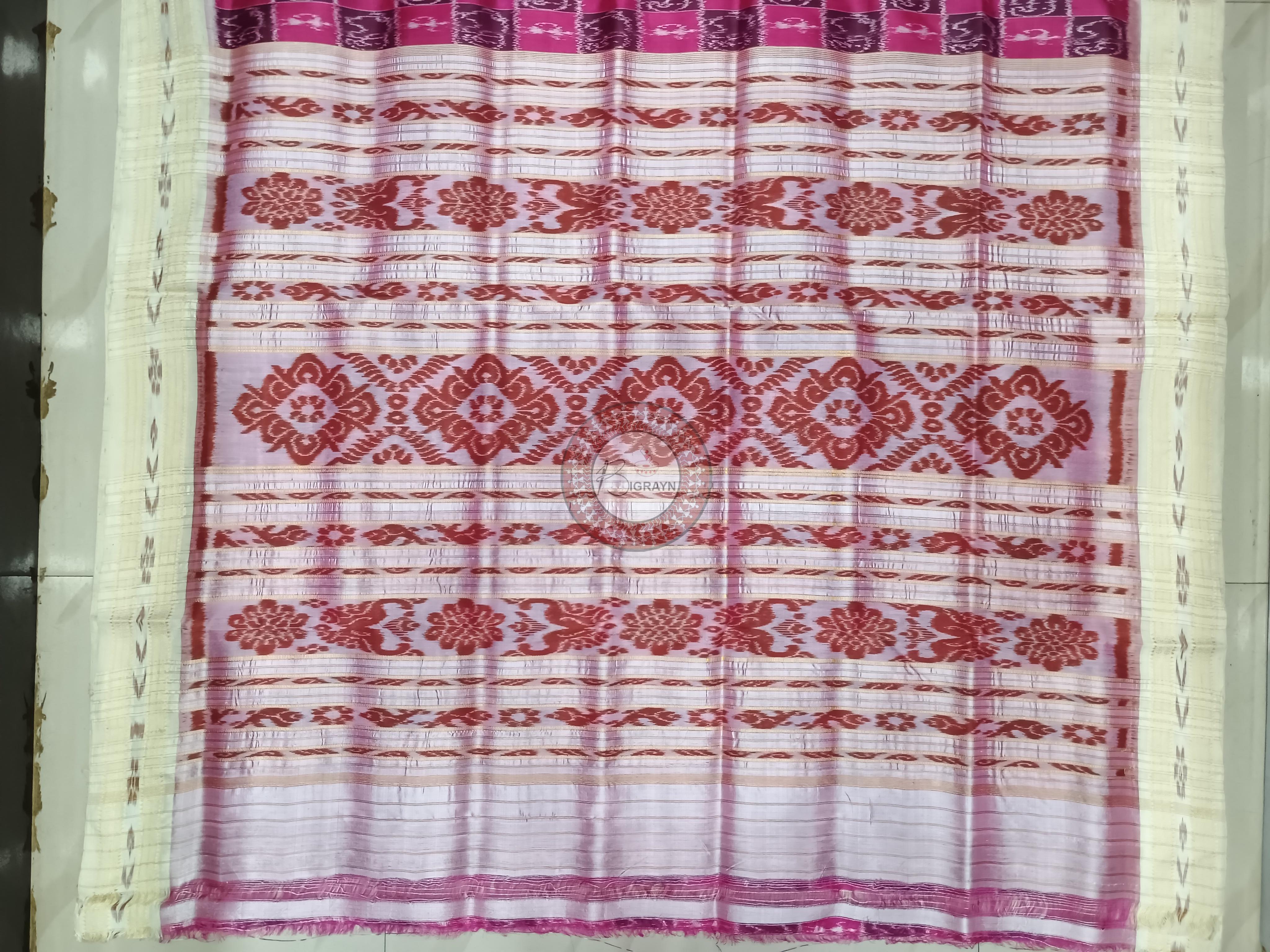 Pink White Animal Design Khandua Silk Saree
