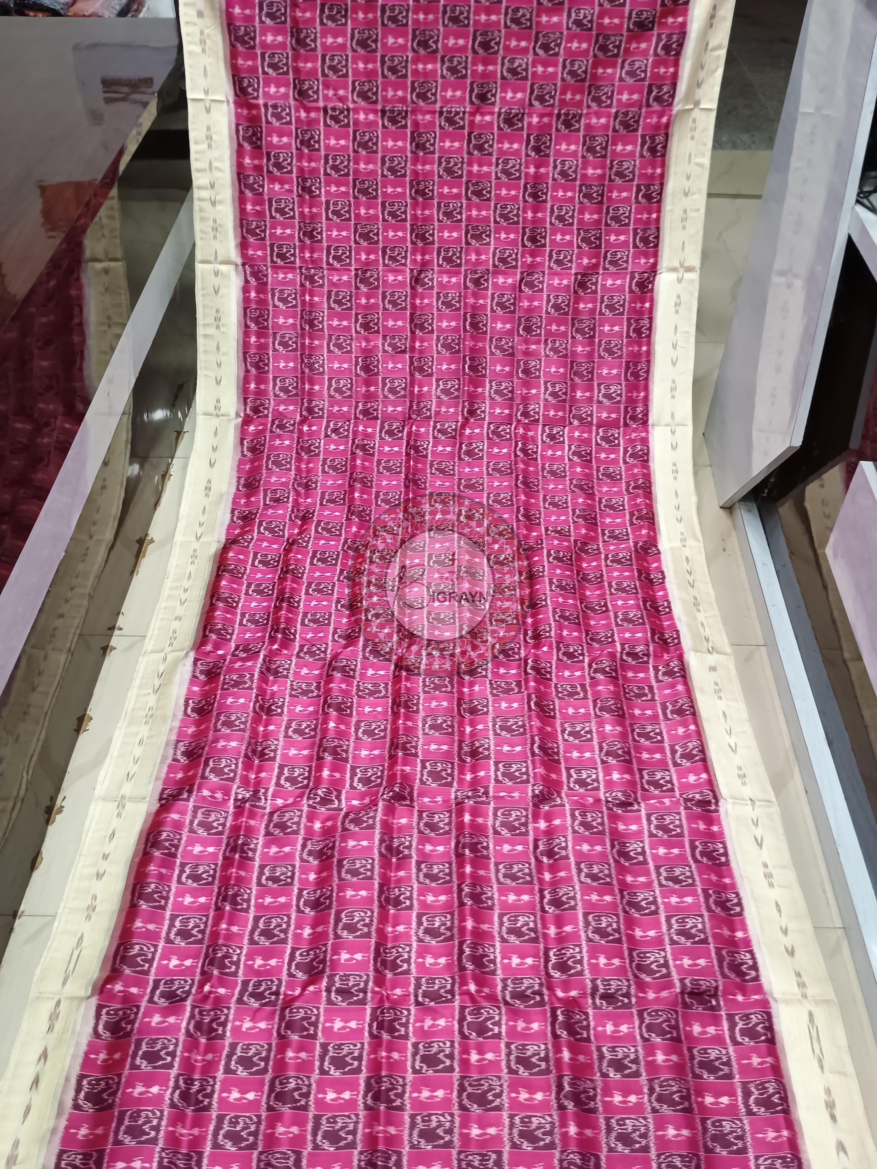 Pink White Animal Design Khandua Silk Saree
