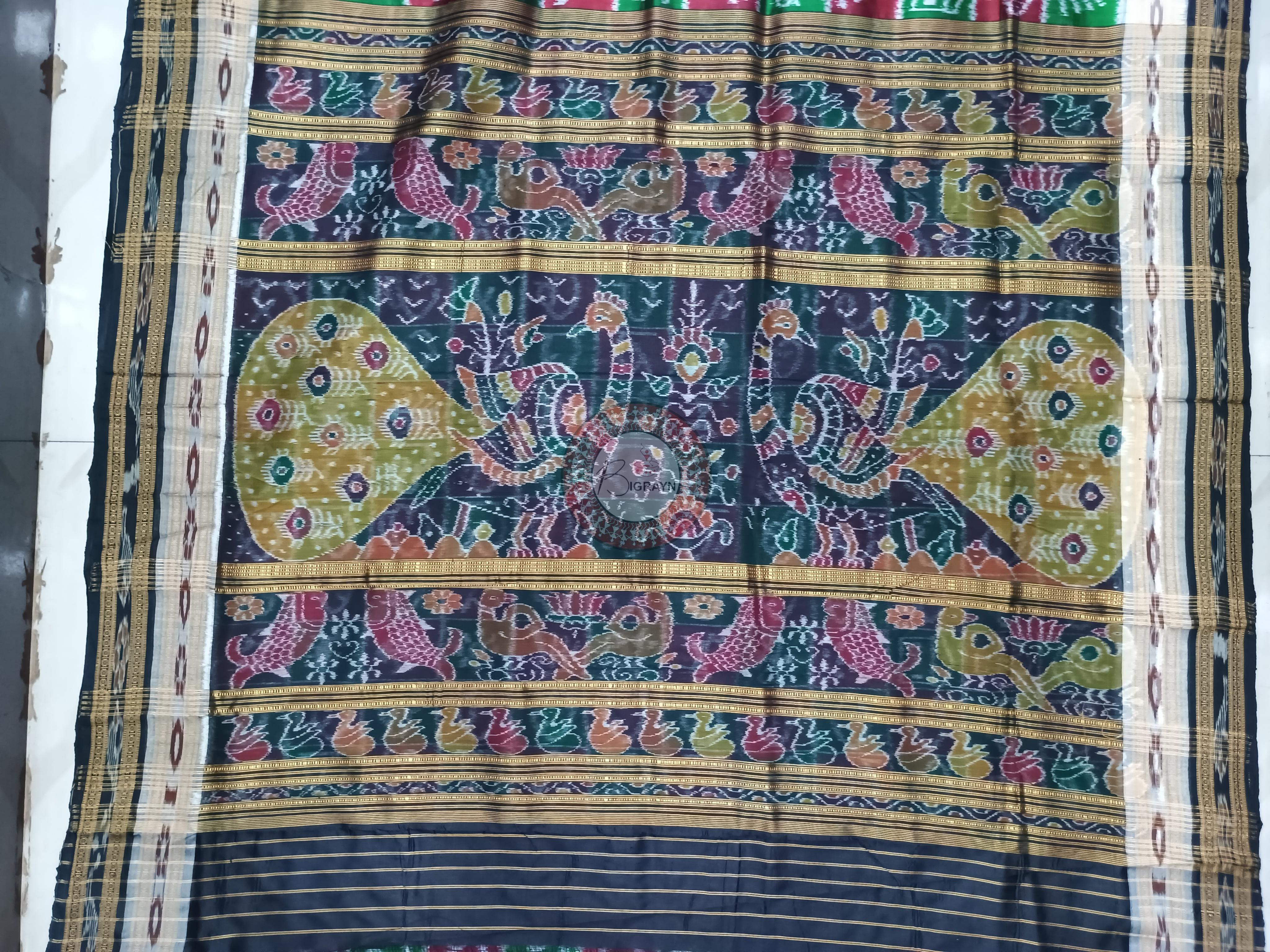 Green Maroon Black Odia Alphabet Design Khandua Silk Saree