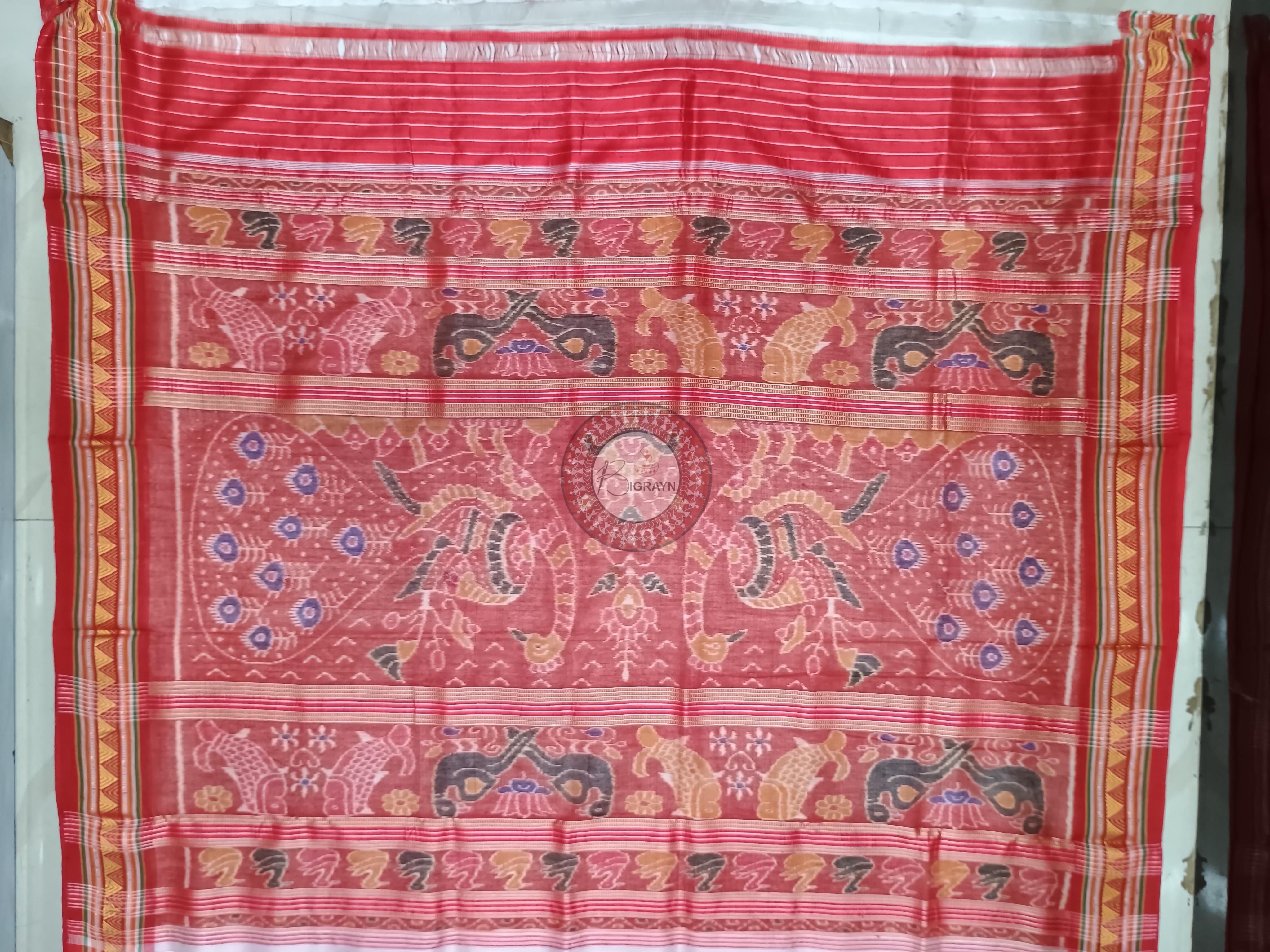 White Red Dongria Border Peacock Anchle Khandua Silk Saree