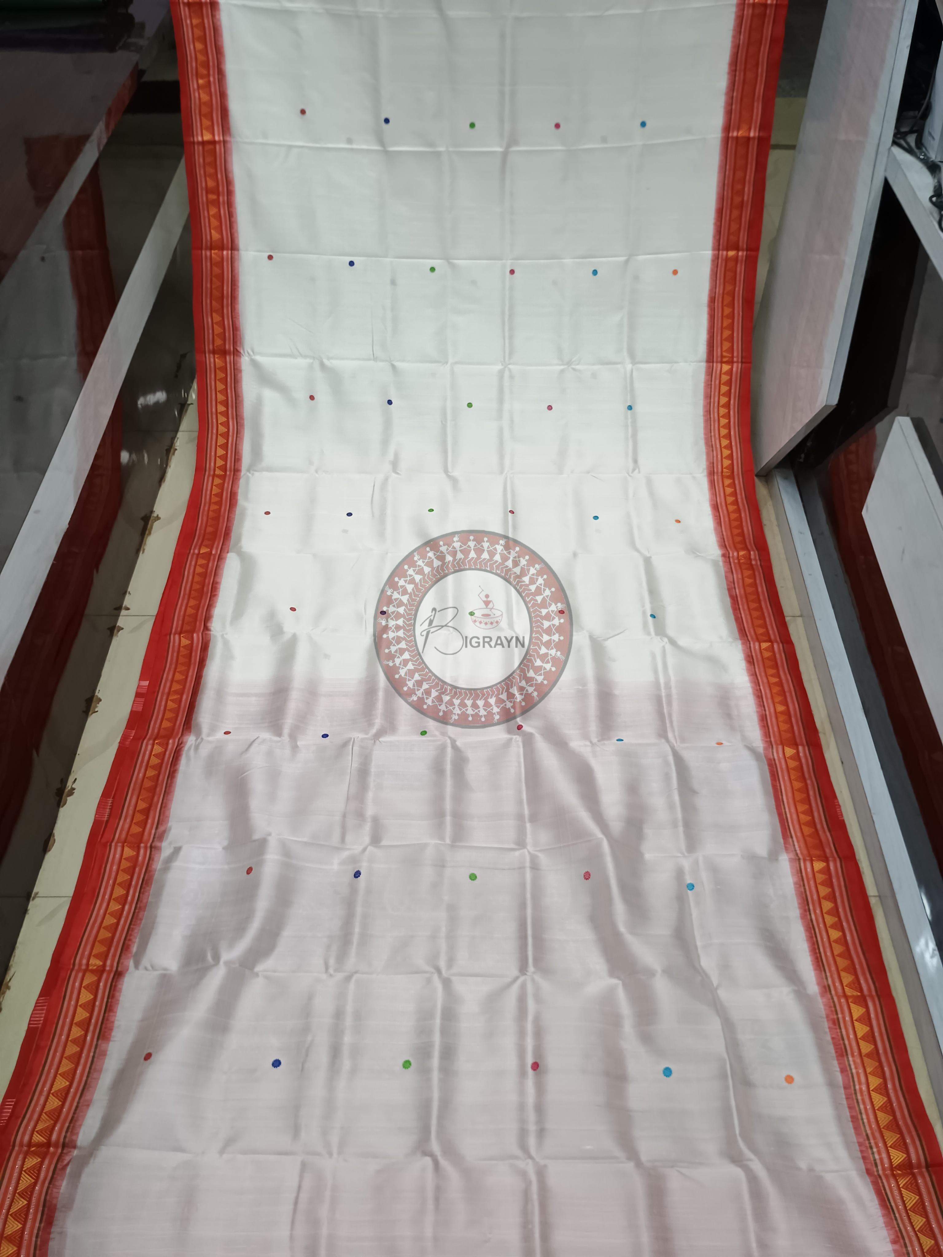 White Red Dongria Border Peacock Anchle Khandua Silk Saree