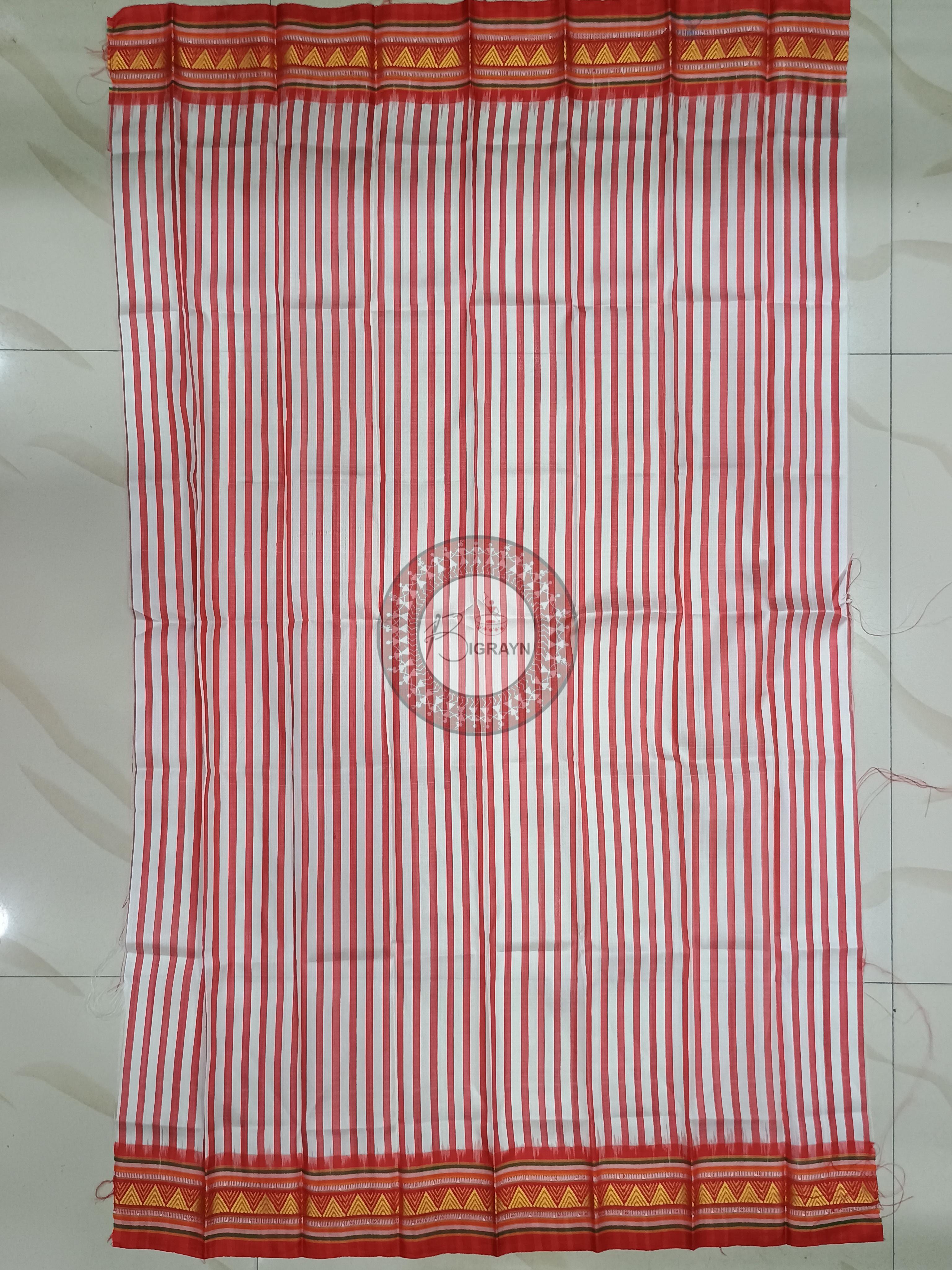 White Red Dongria Border Peacock Anchle Khandua Silk Saree