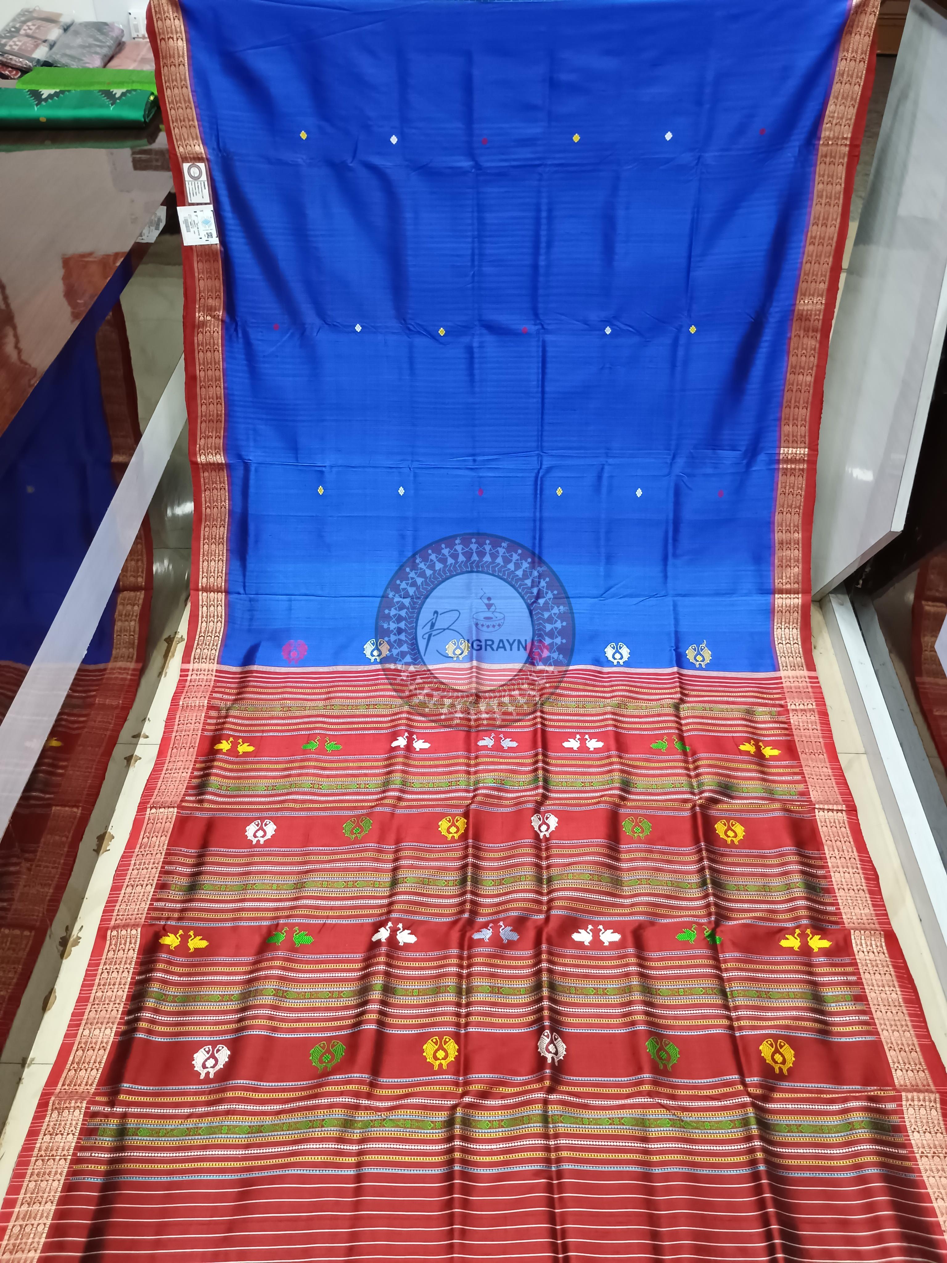 Blue Red Jalla Border Khandua Silk Saree