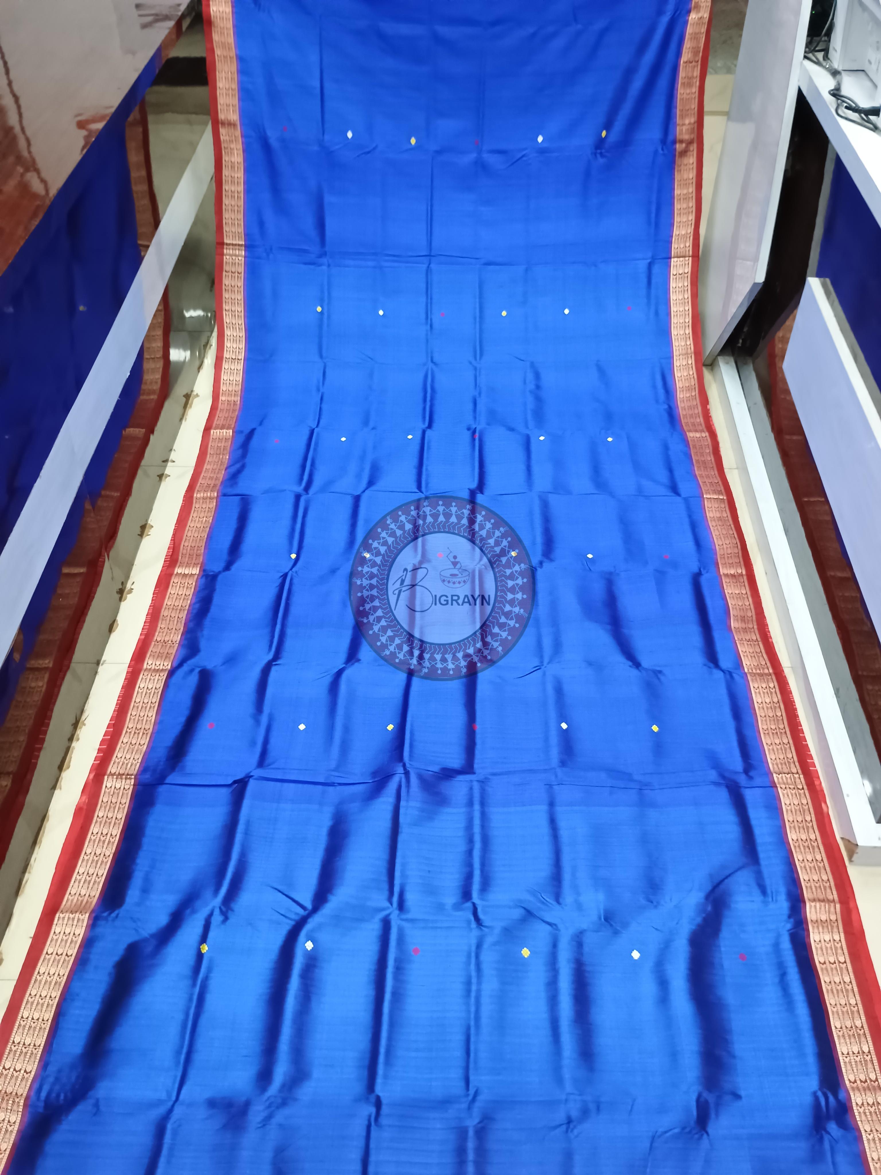 Blue Red Jalla Border Khandua Silk Saree