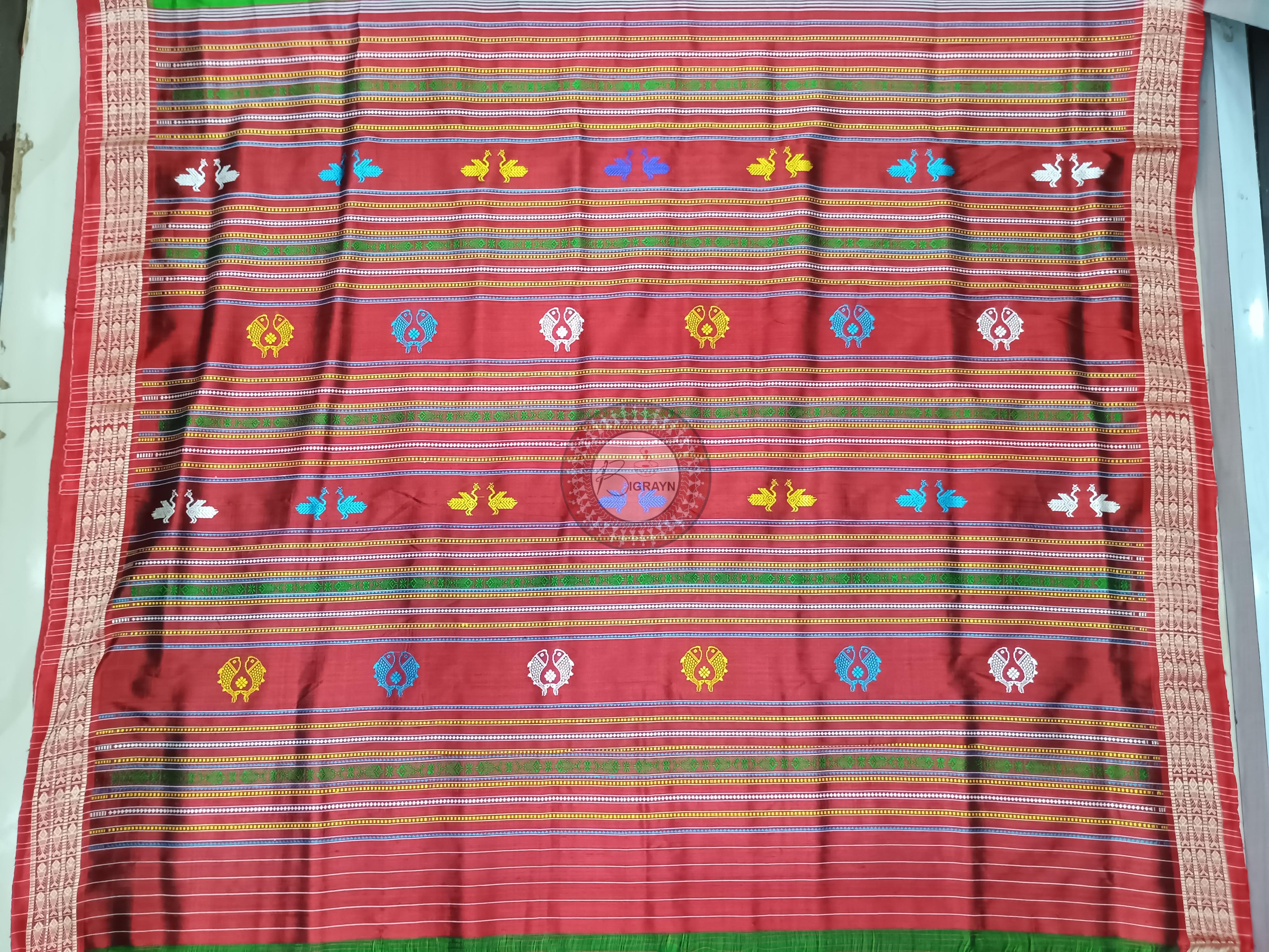 Green Red Jalla Border Khandua Silk Saree