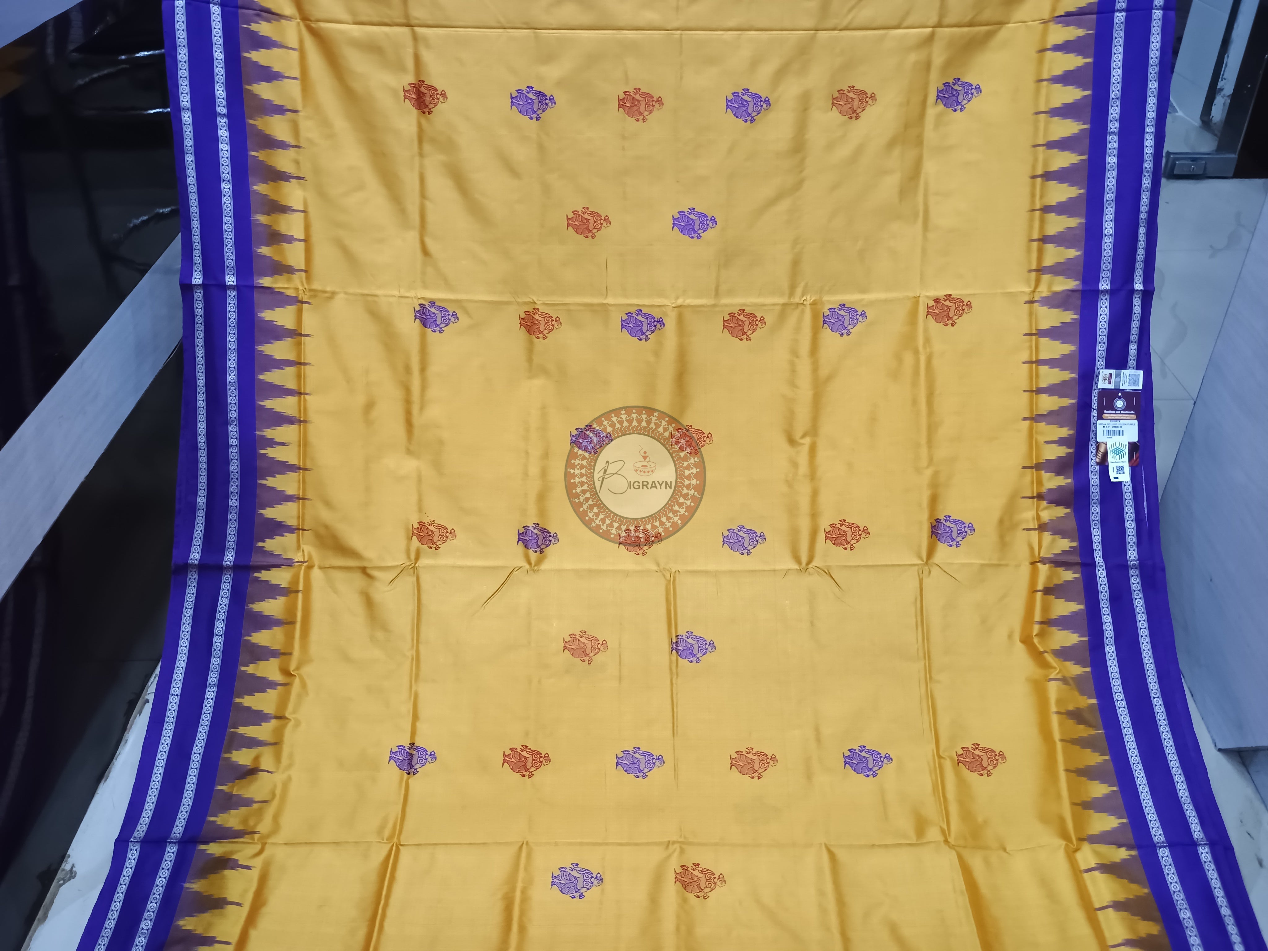 Yellow Purple Natraj Exclusive Bomkai Silk Saree