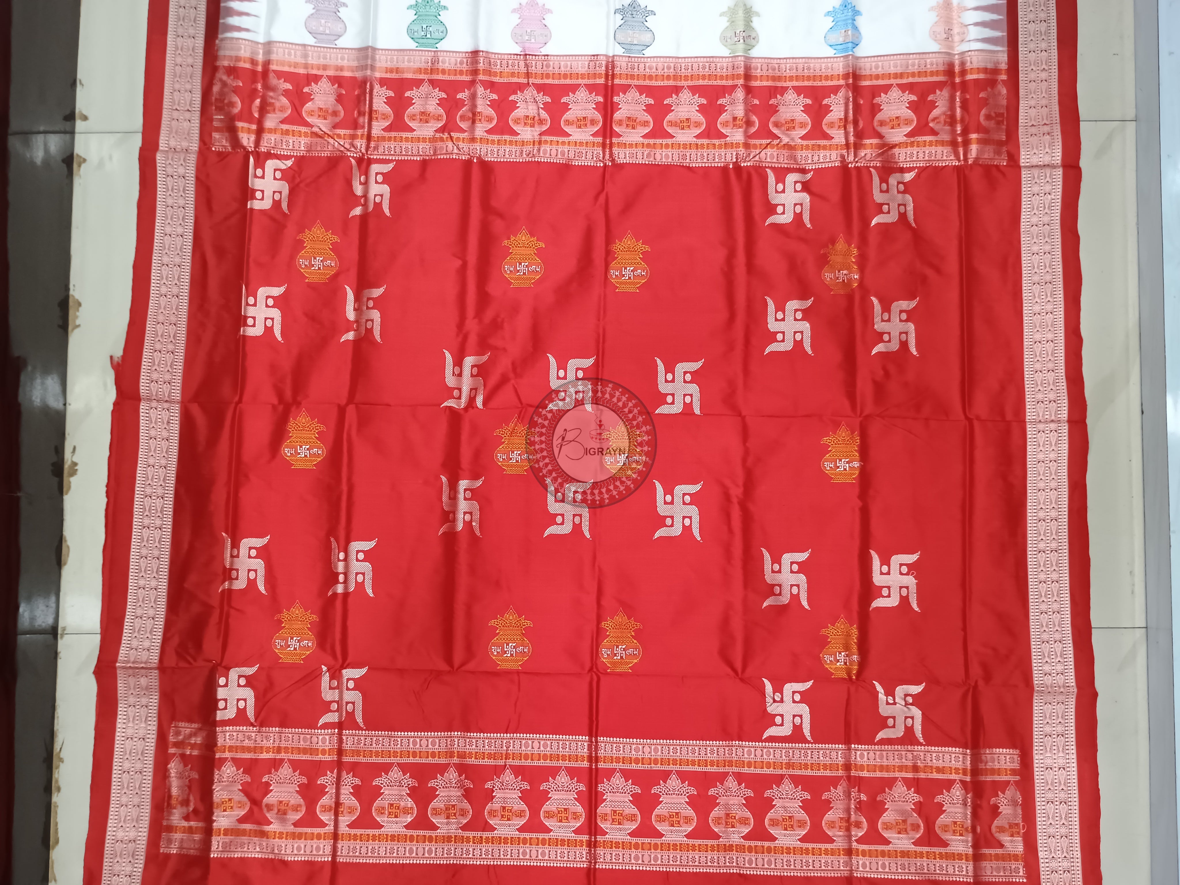 White Red Swastik Kalash Silk Saree