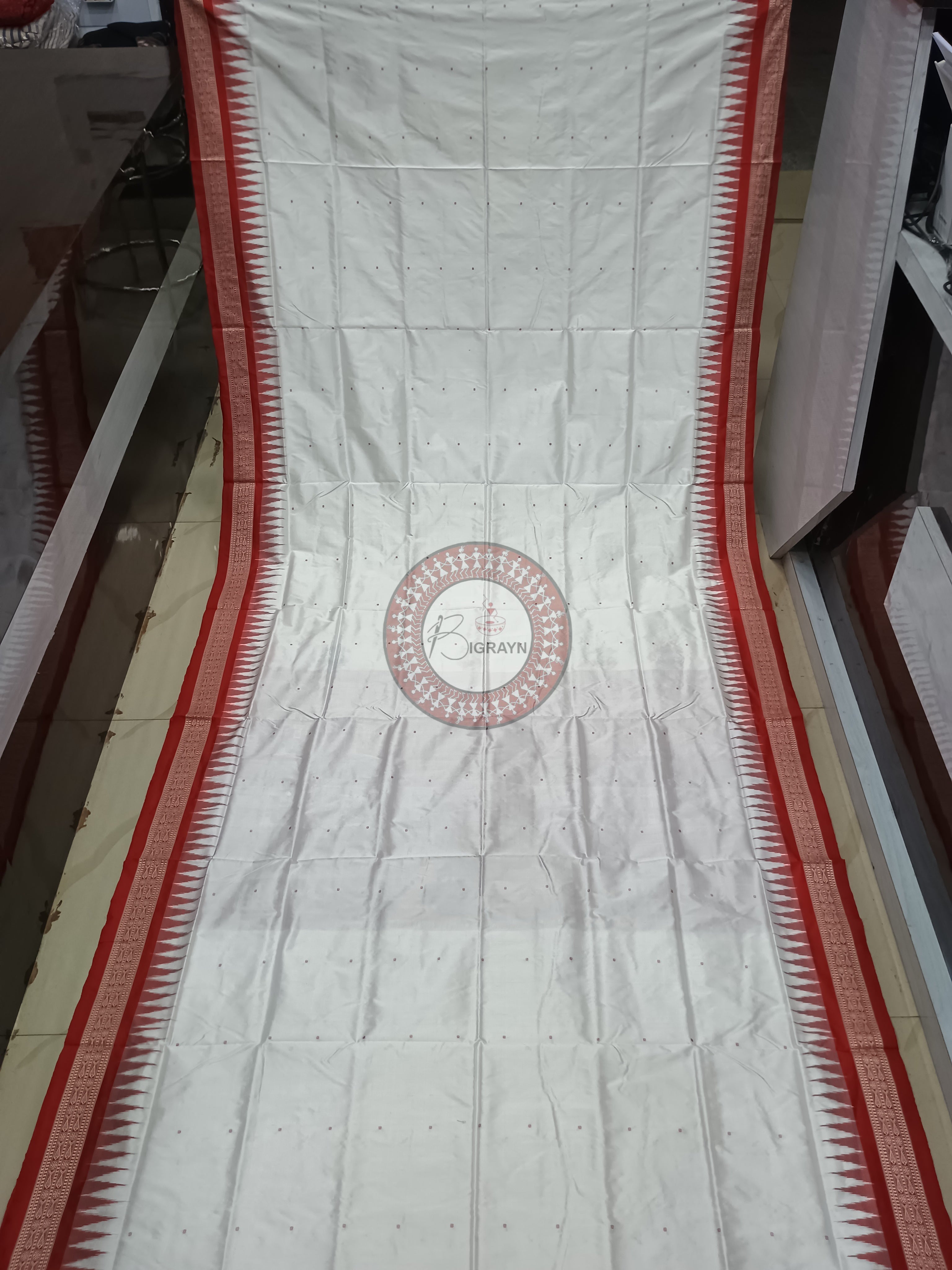 White Red Swastik Kalash Silk Saree