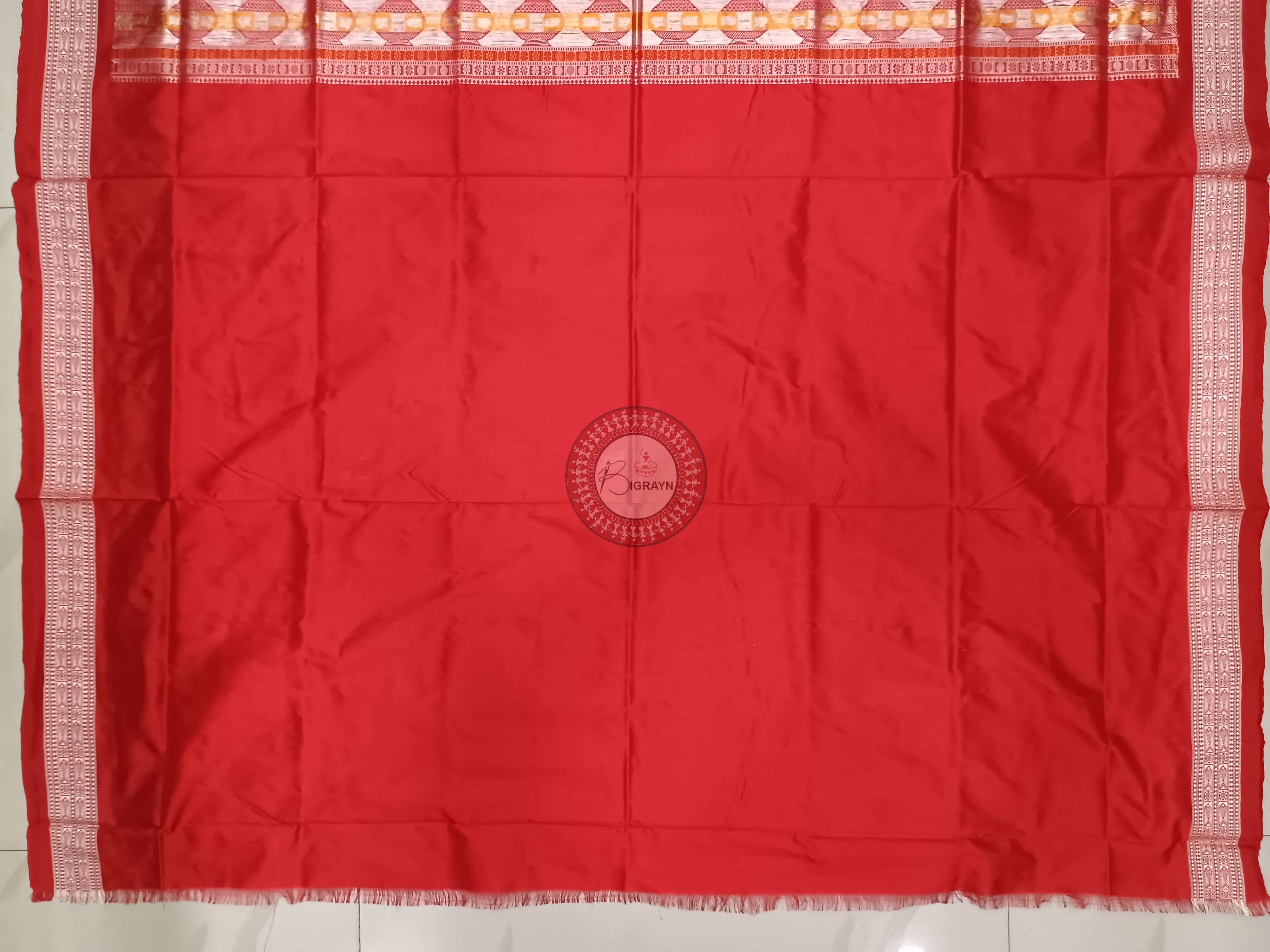 White Red Swastik Kalash Silk Saree