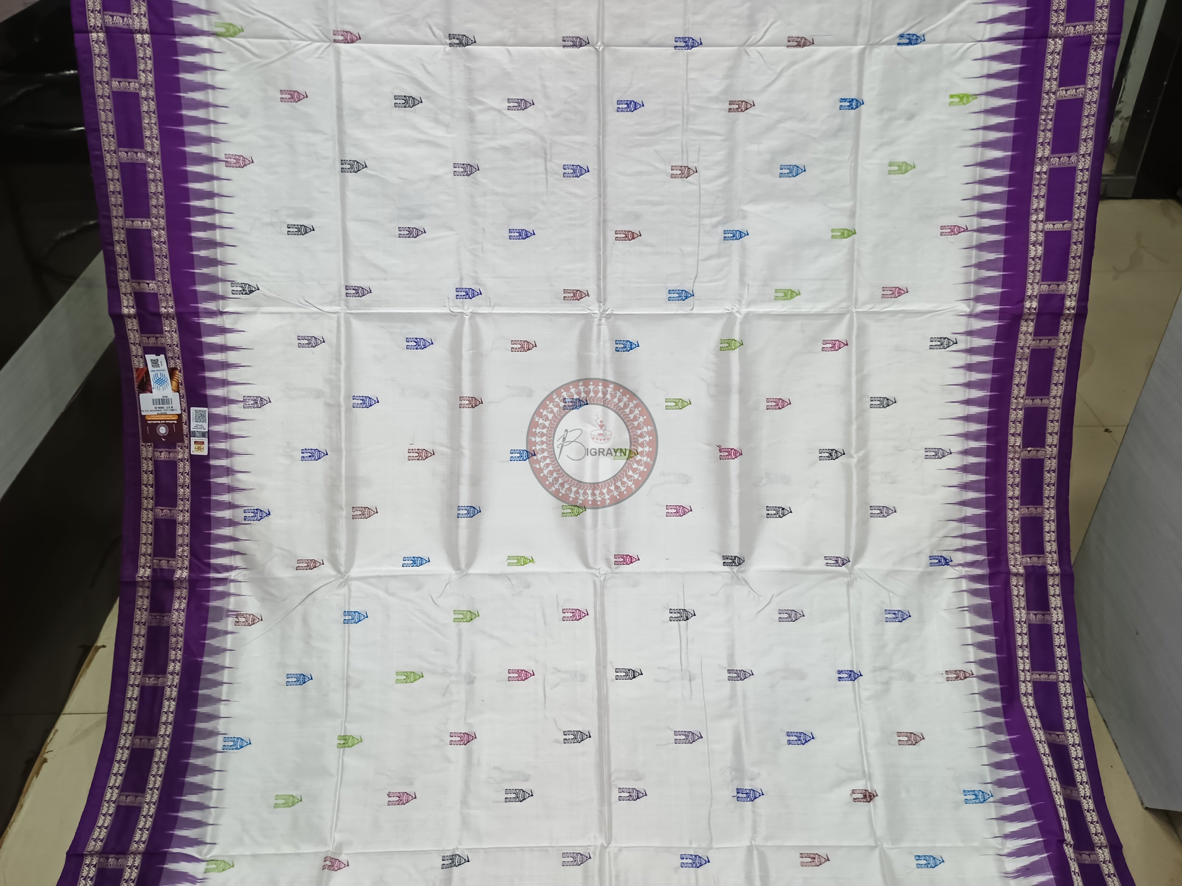 White Purple Sri Mandir Sambalpuri Silk Saree