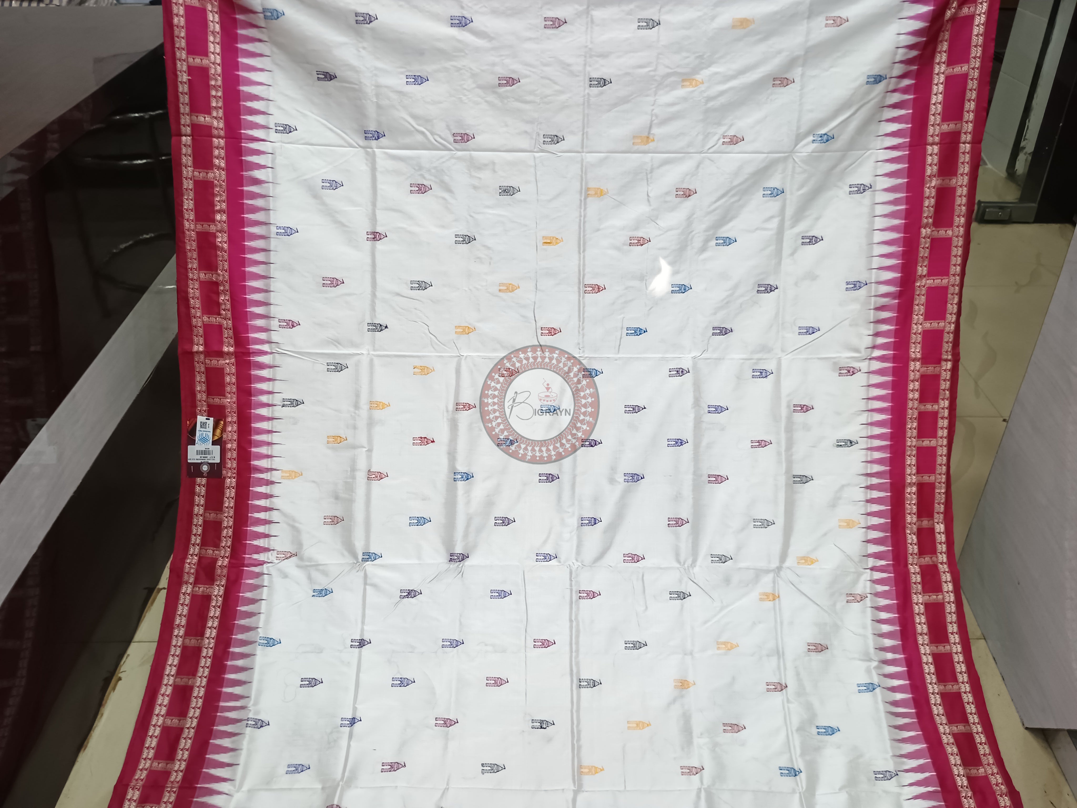 White Magenta Sri Mandir Sambalpuri Silk Saree