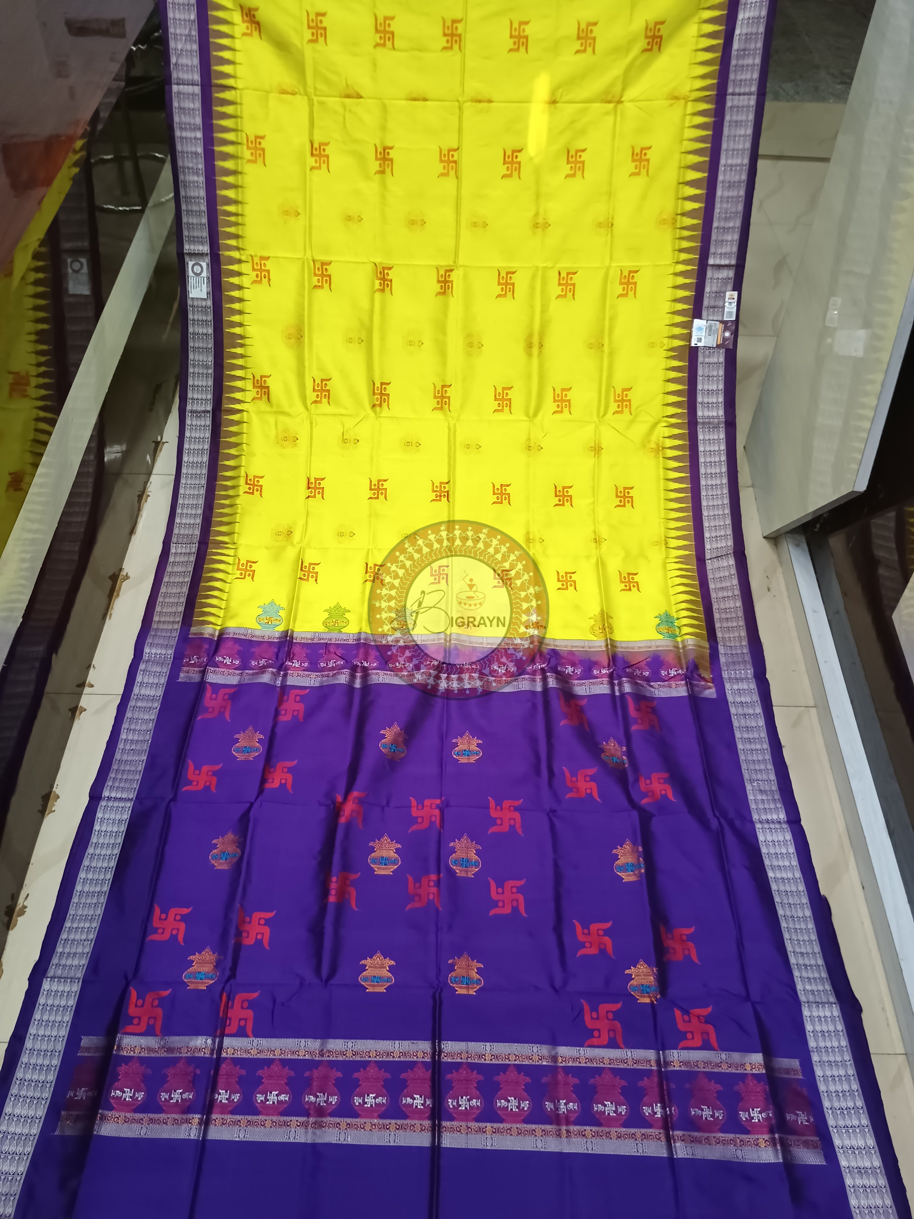 Lemon Yellow Purple Swastik Kalash Silk Saree