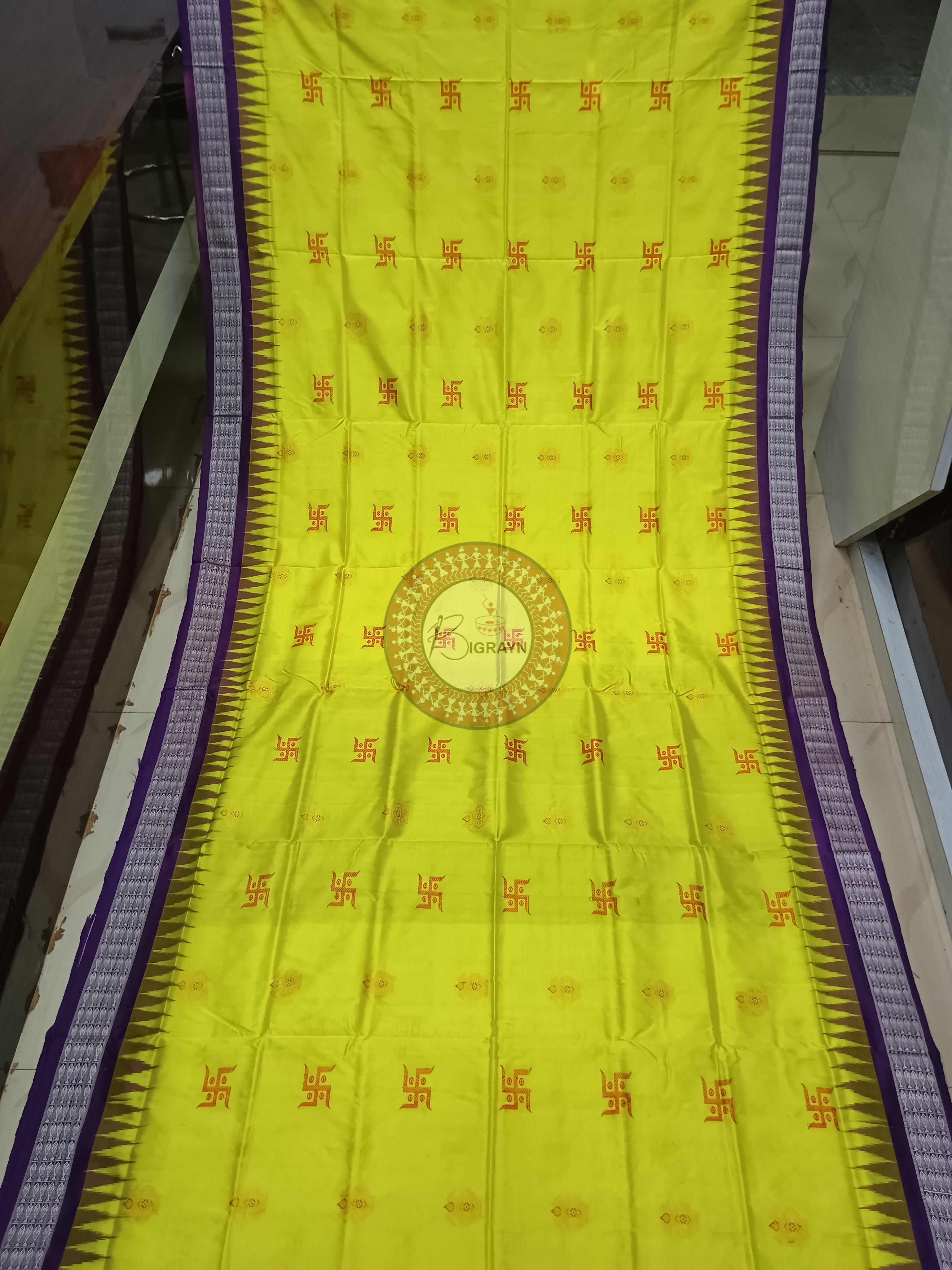 Lemon Yellow Purple Swastik Kalash Silk Saree