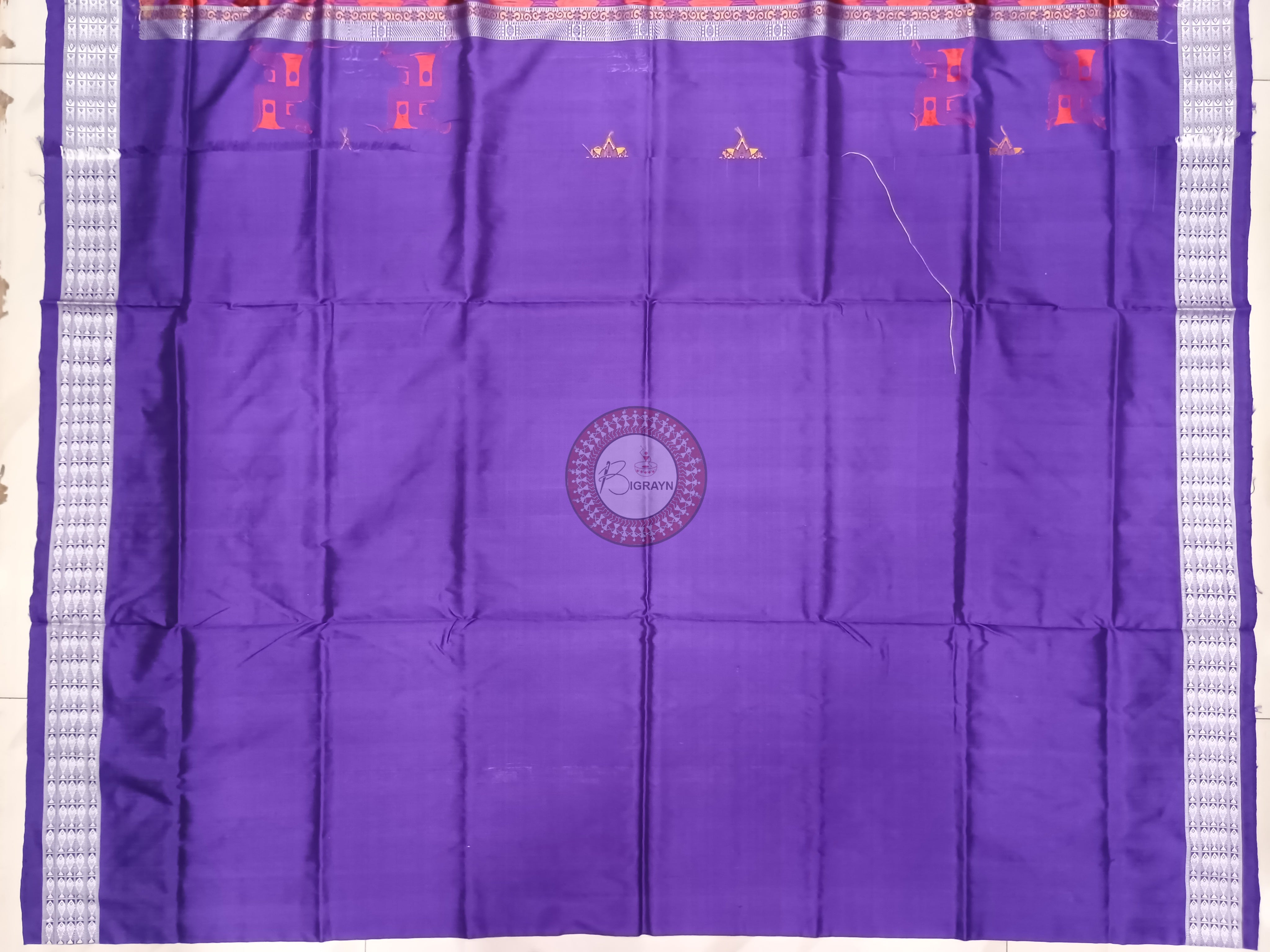 Lemon Yellow Purple Swastik Kalash Silk Saree