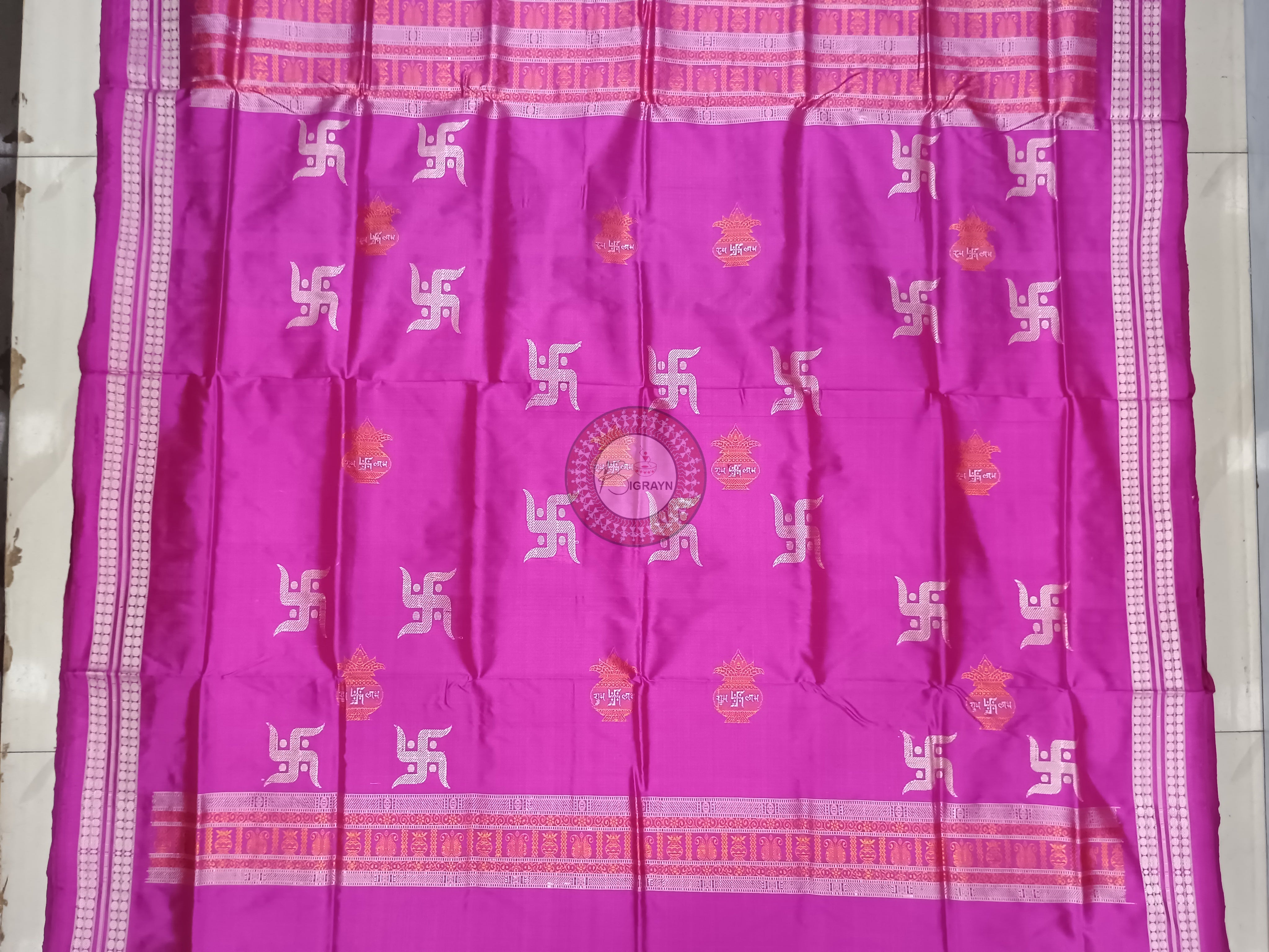Sea Green Magenta Swastik Kalash Silk Saree