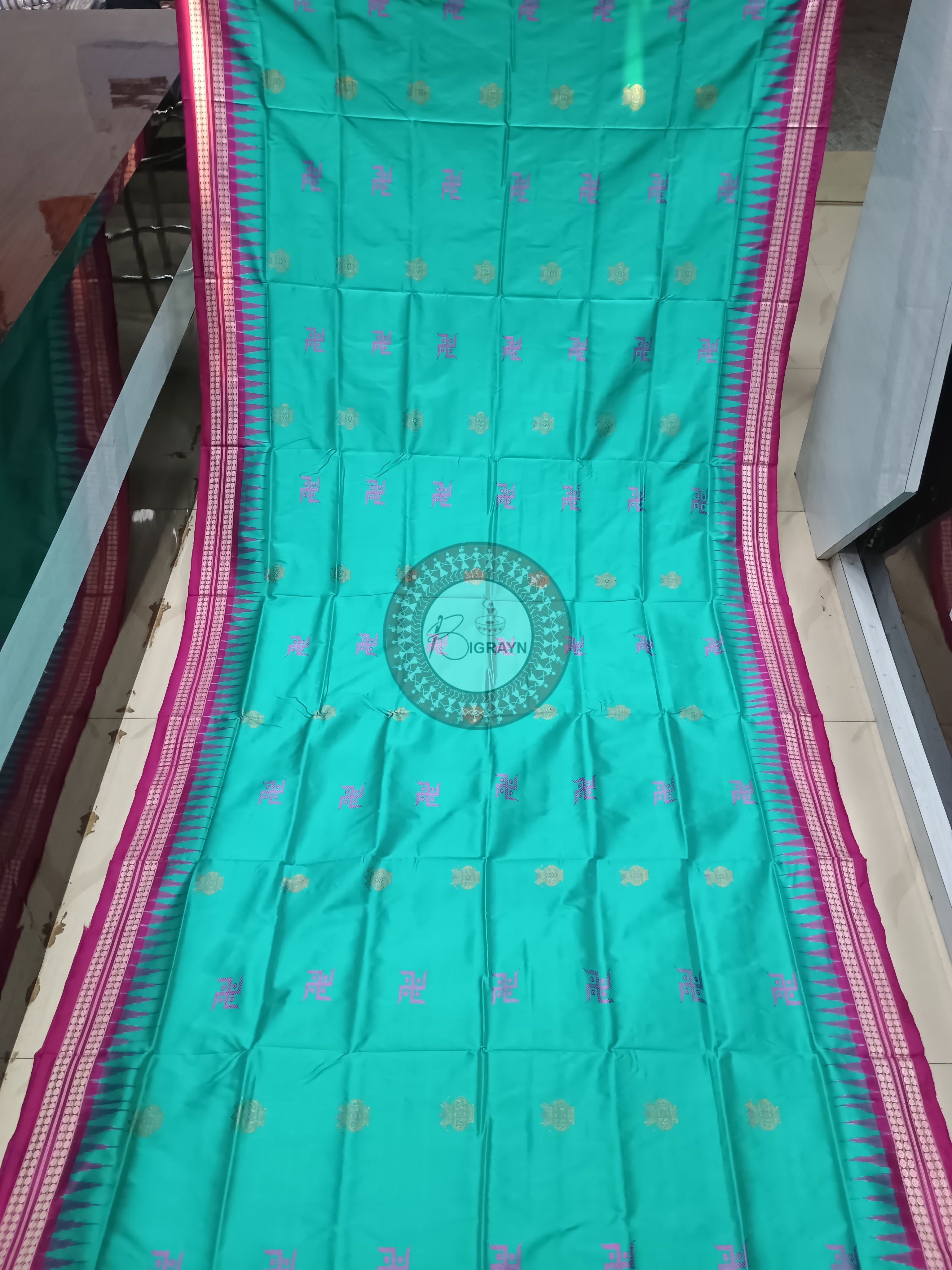 Sea Green Magenta Swastik Kalash Silk Saree