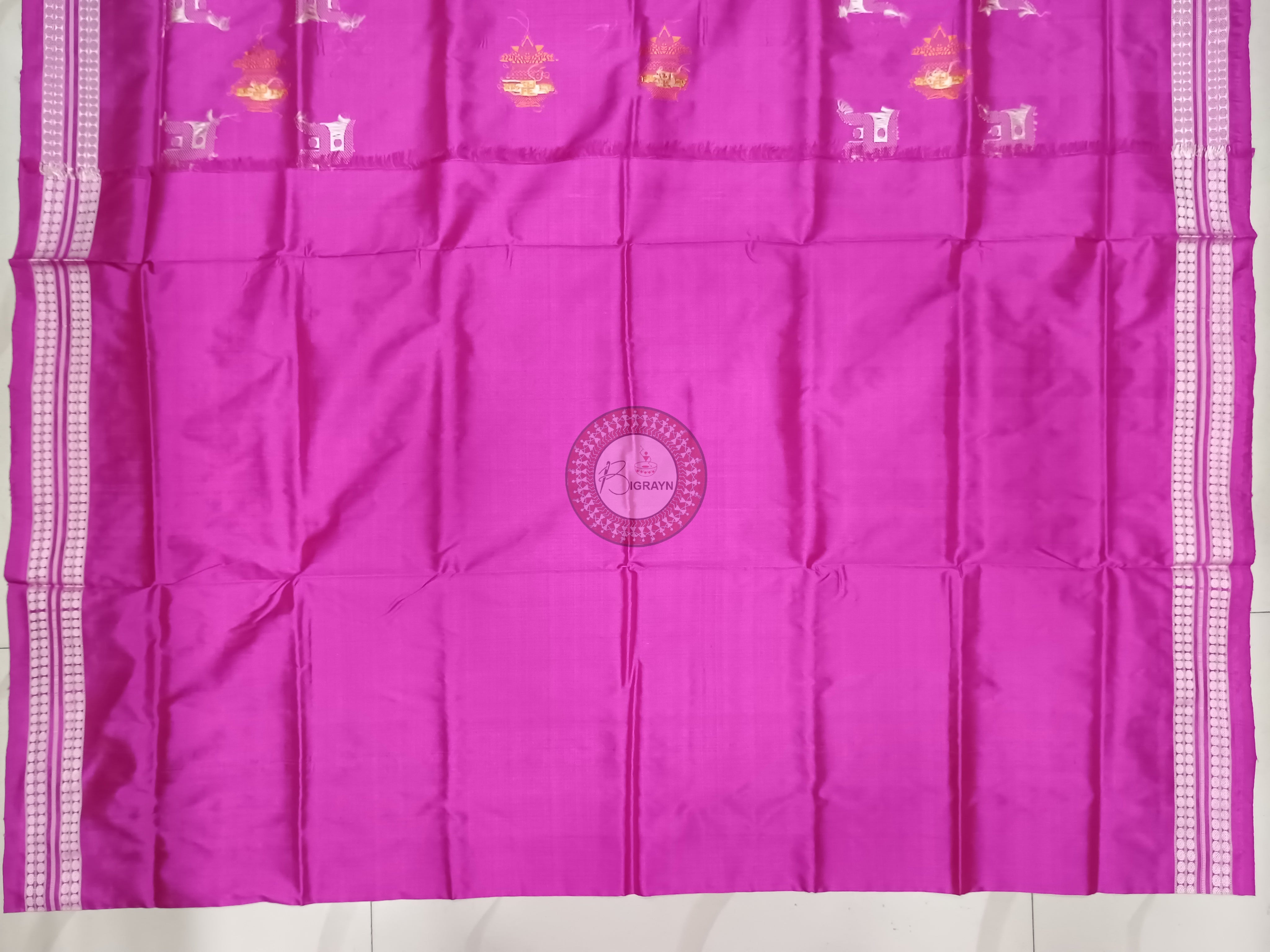 Sea Green Magenta Swastik Kalash Silk Saree