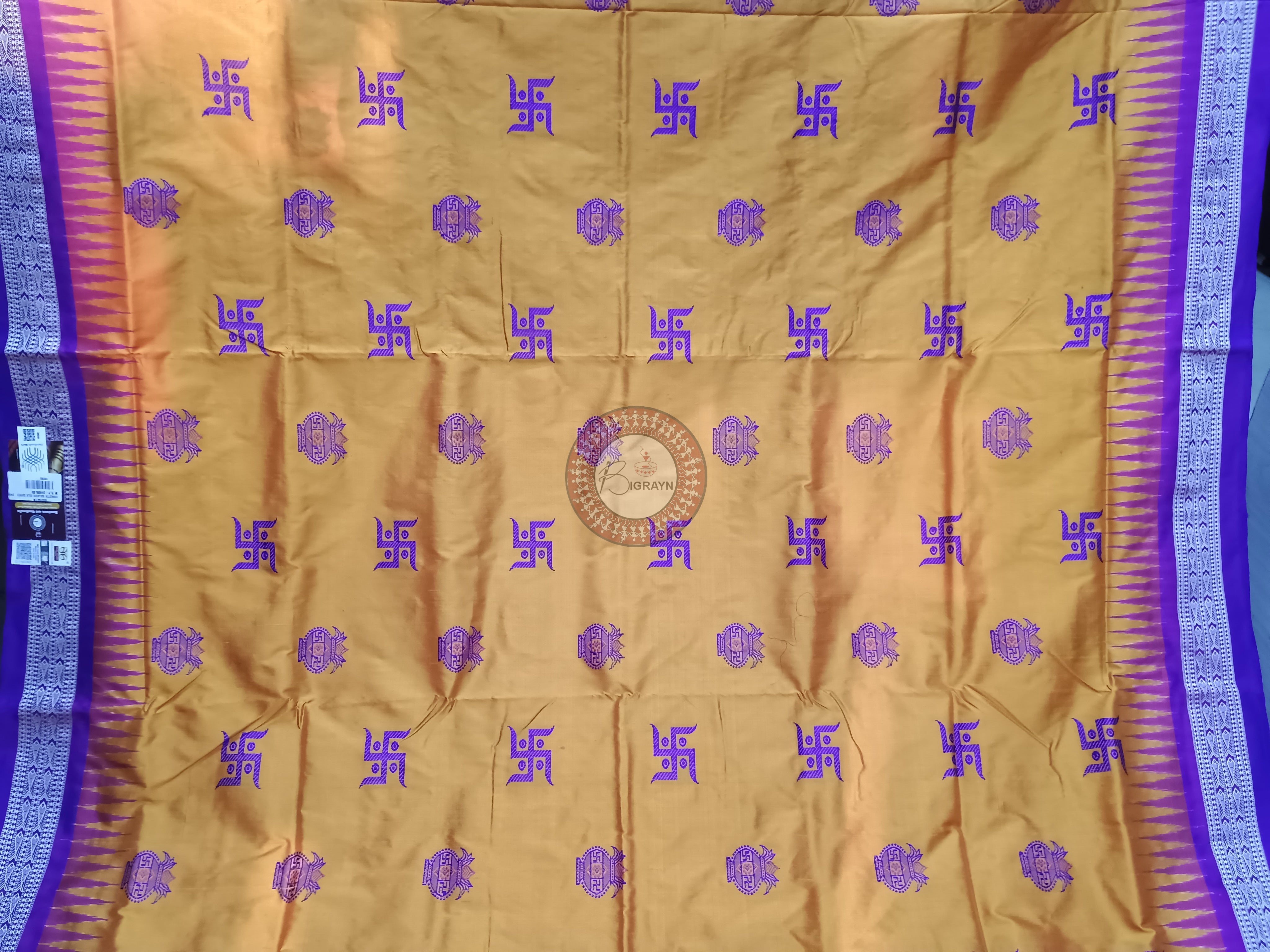Orange Purple Swastik Kalash Silk Saree