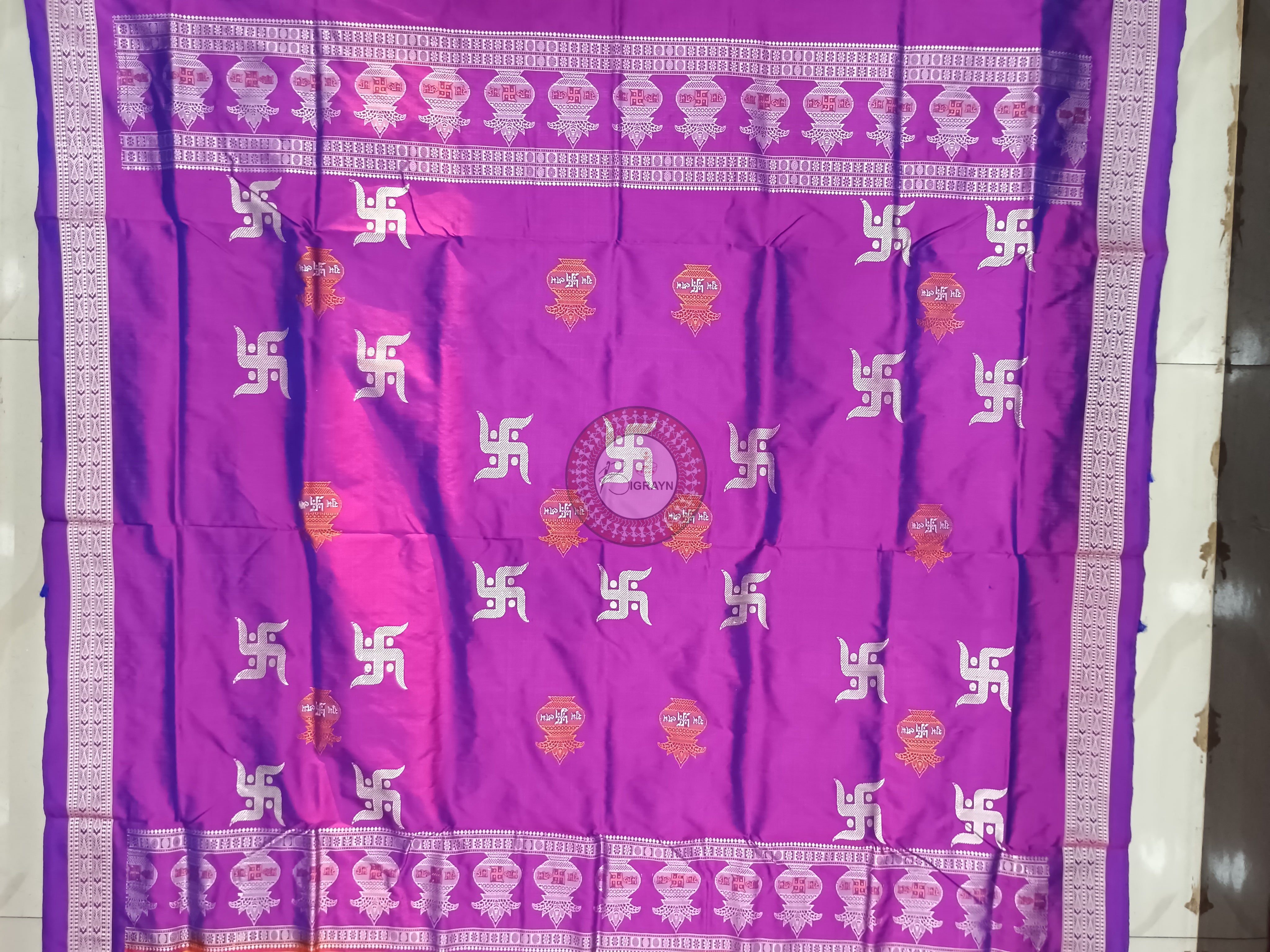 Orange Purple Swastik Kalash Silk Saree