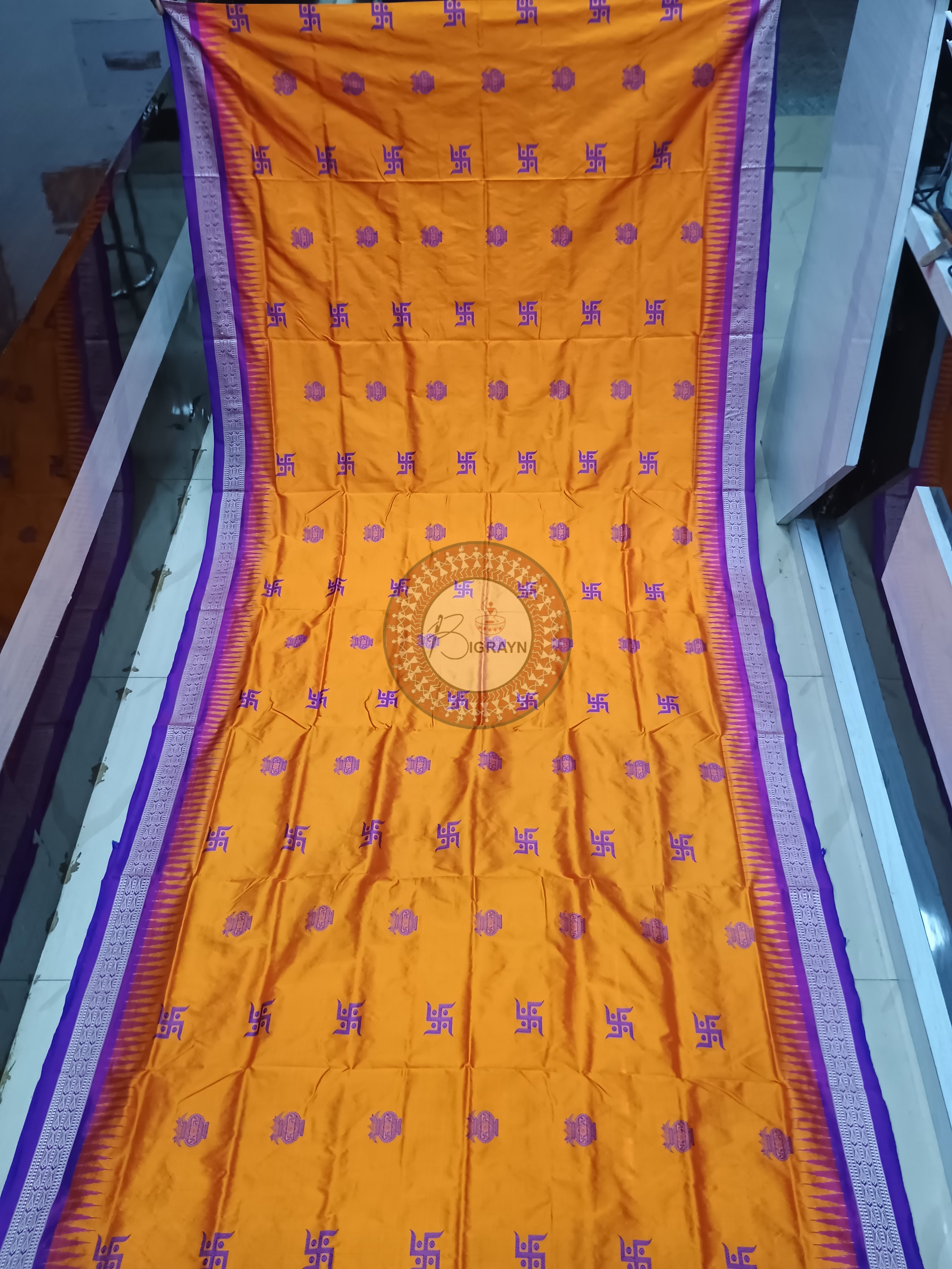 Orange Purple Swastik Kalash Silk Saree
