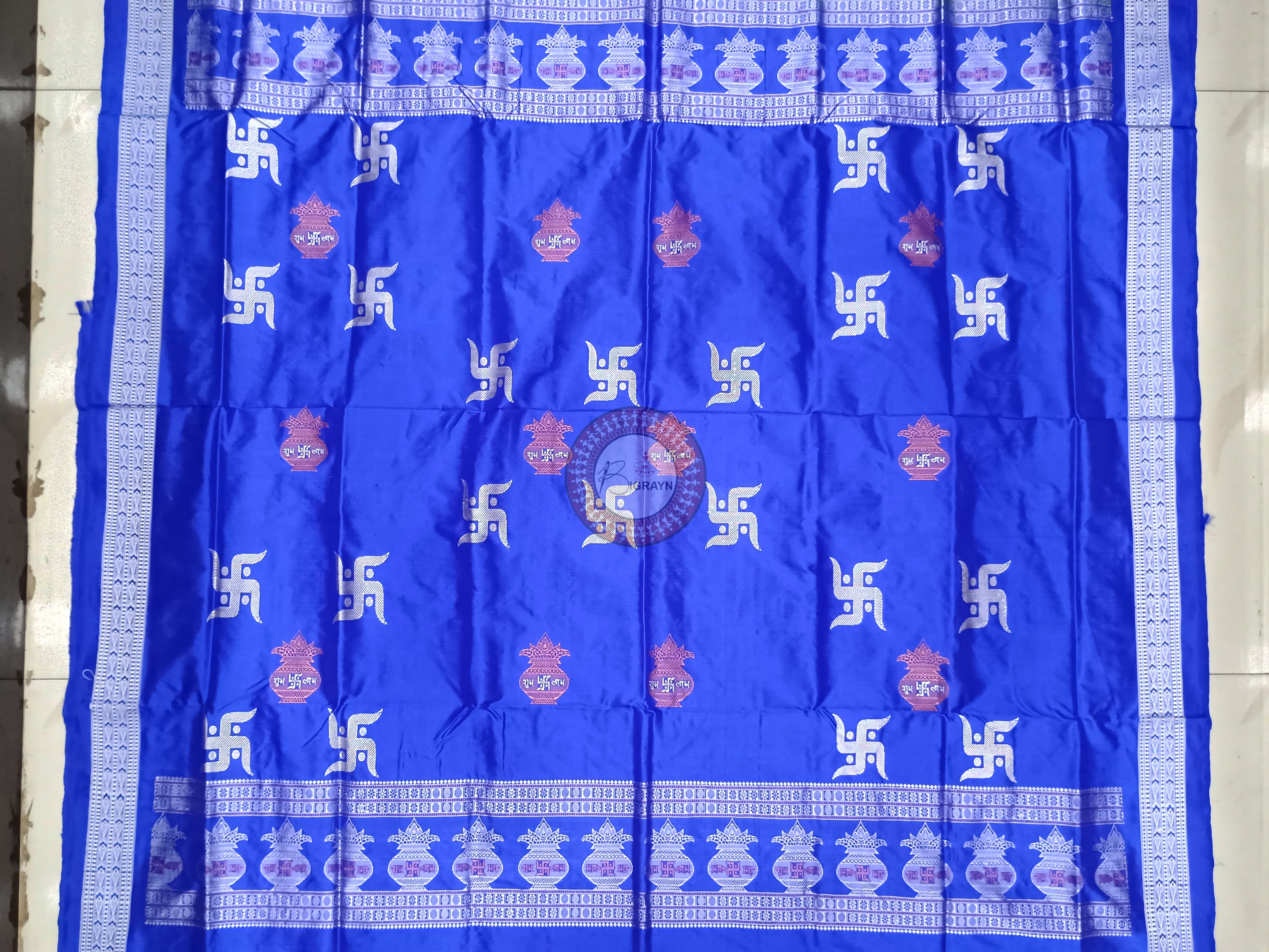 Parrot Green Blue Swastik Kalash Silk Saree
