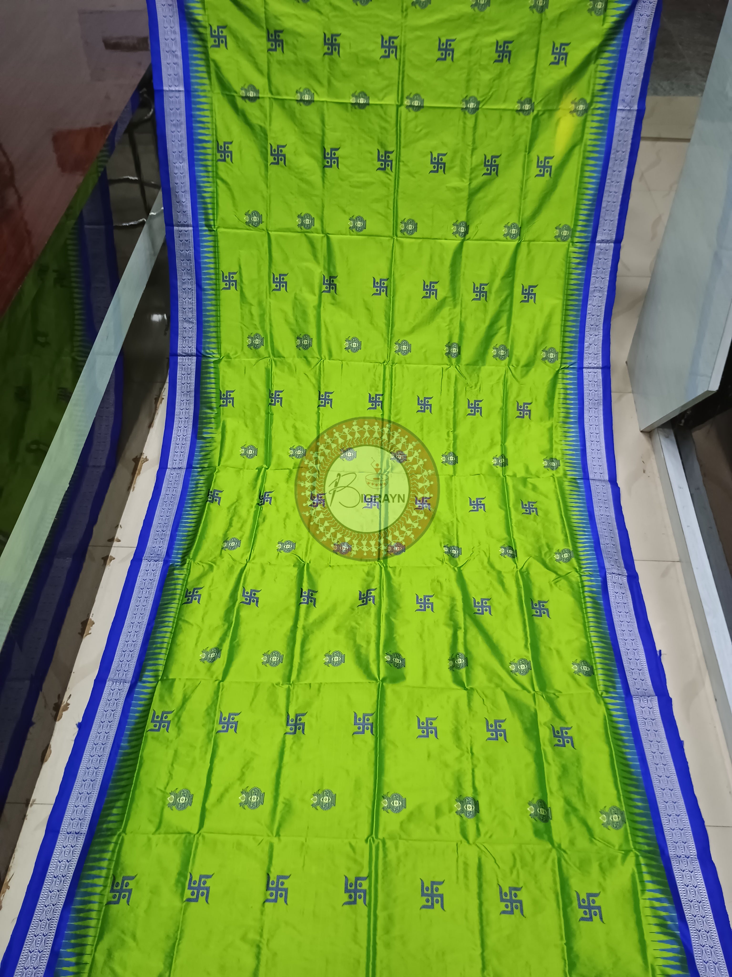 Parrot Green Blue Swastik Kalash Silk Saree