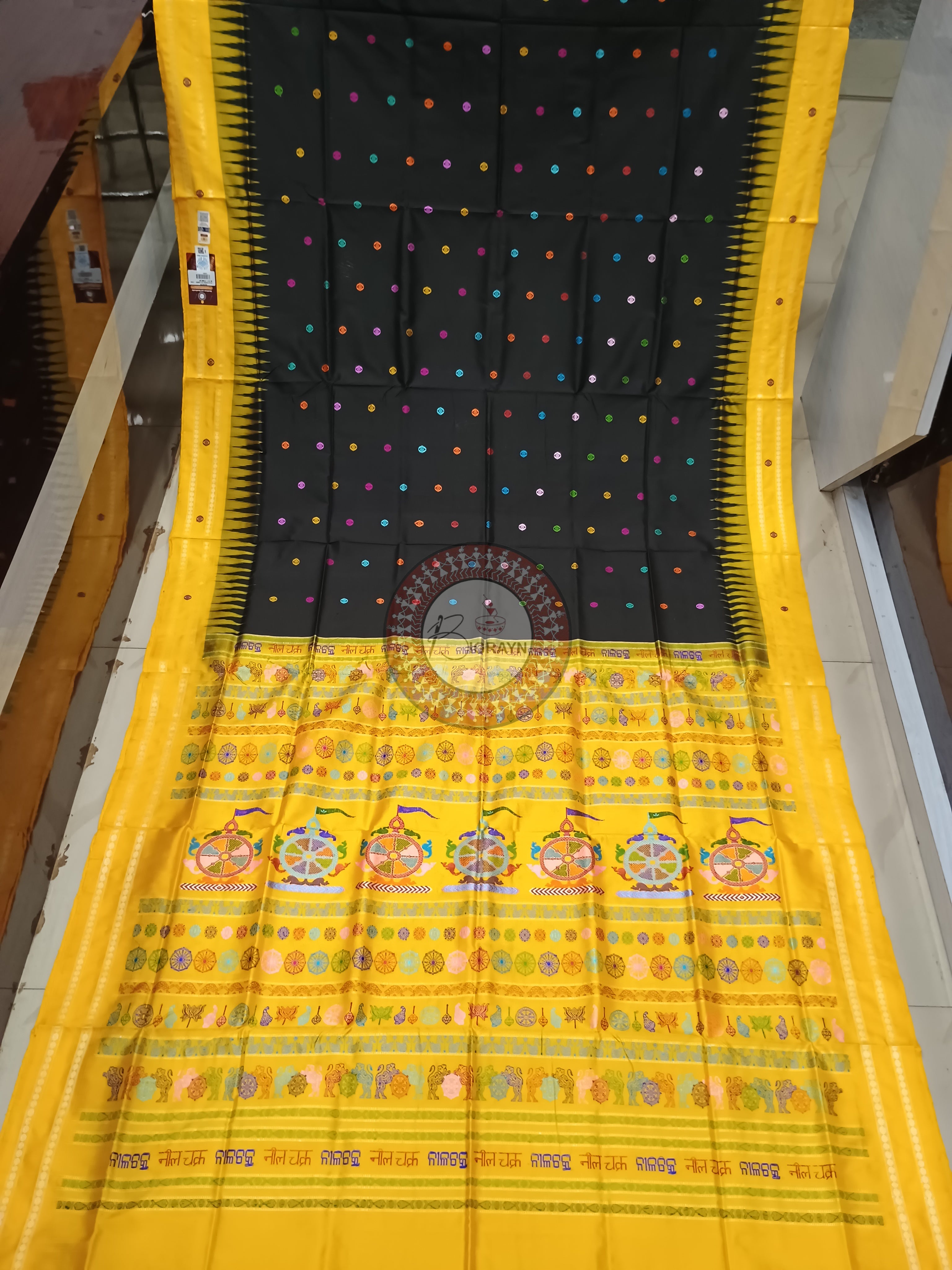 Black Yellow Neela Chakra Sambalpuri Silk Saree