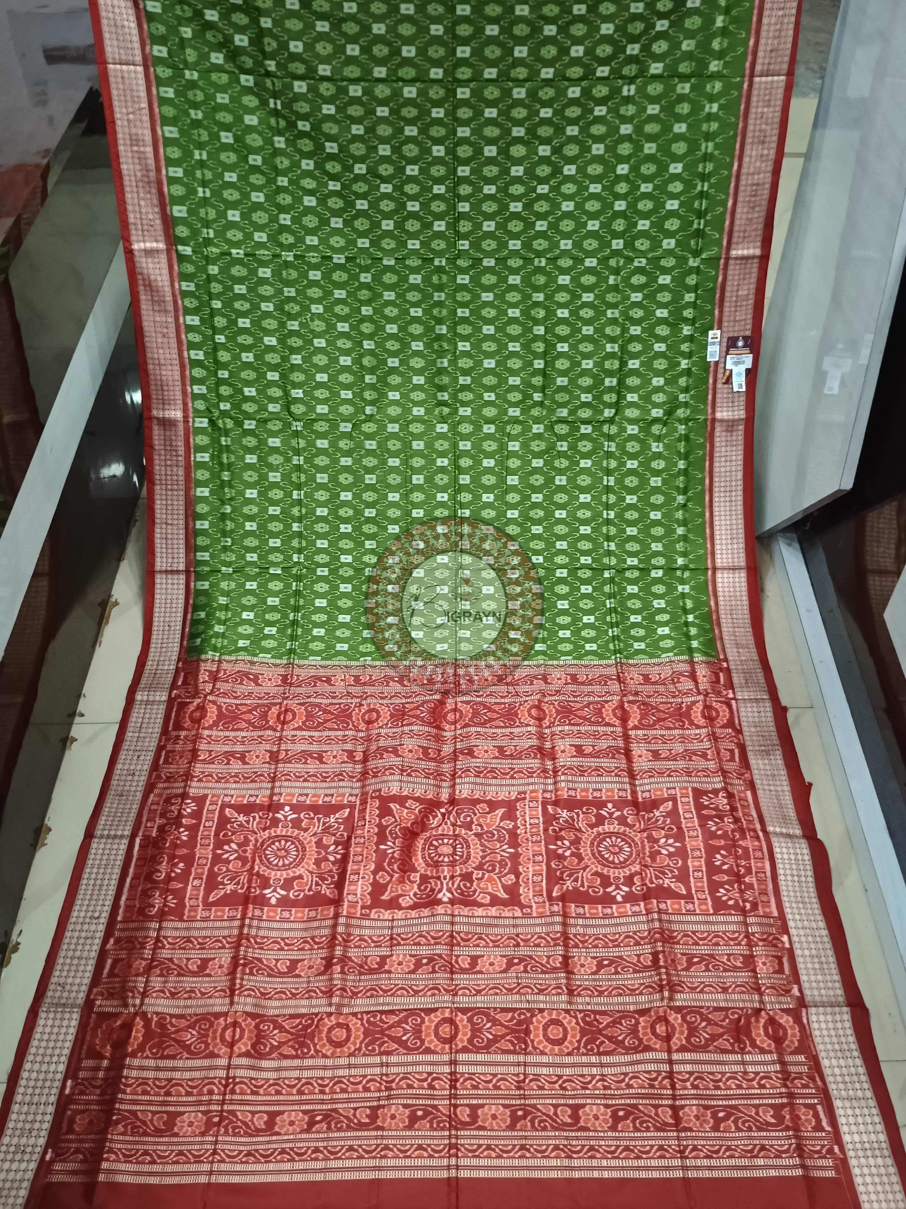 Mehendi Green Red Ek Chandia Sambalpuri Silk Saree