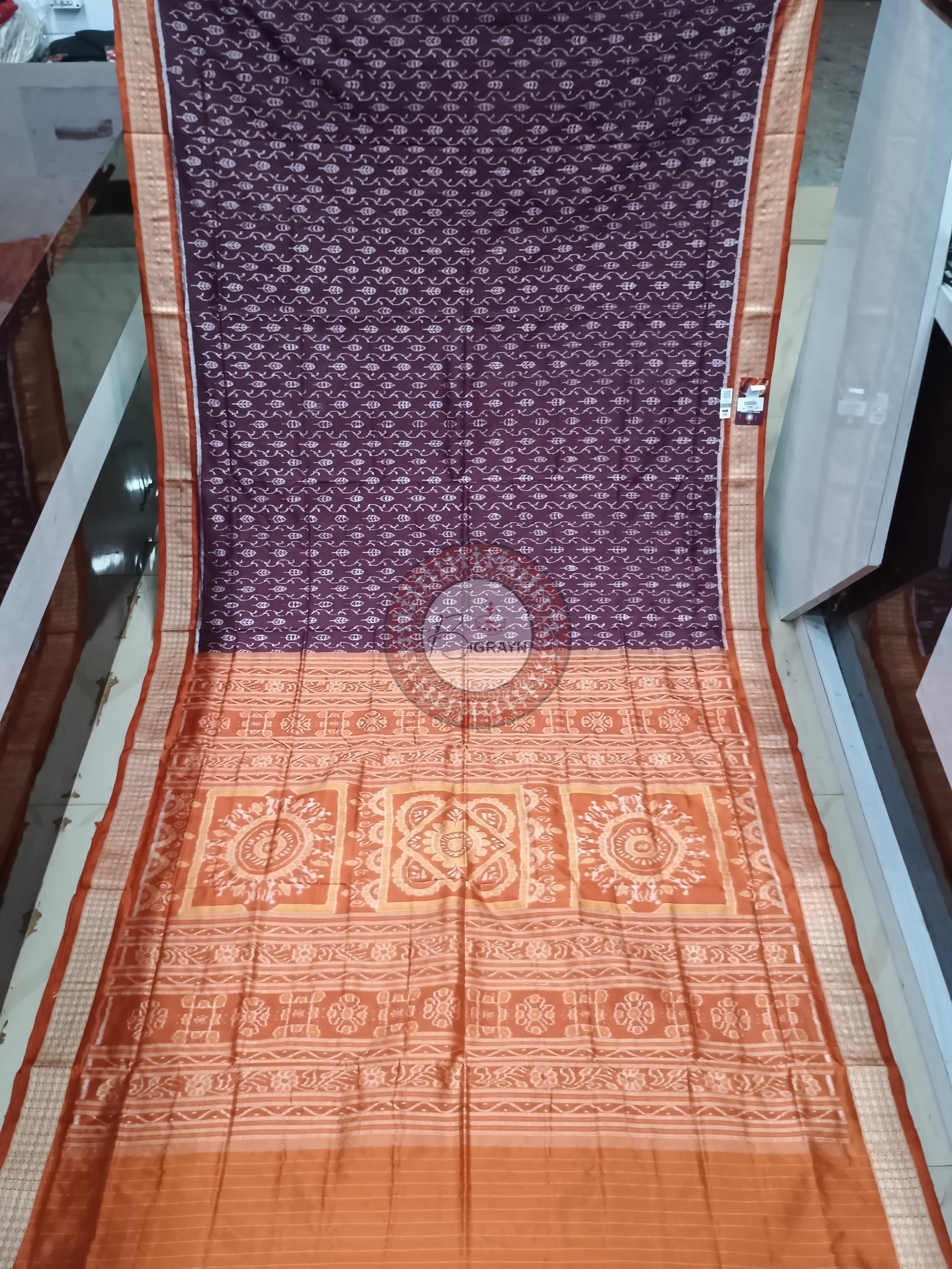 Coffee Rust Leaf Design Sambalpuri Silk Saree