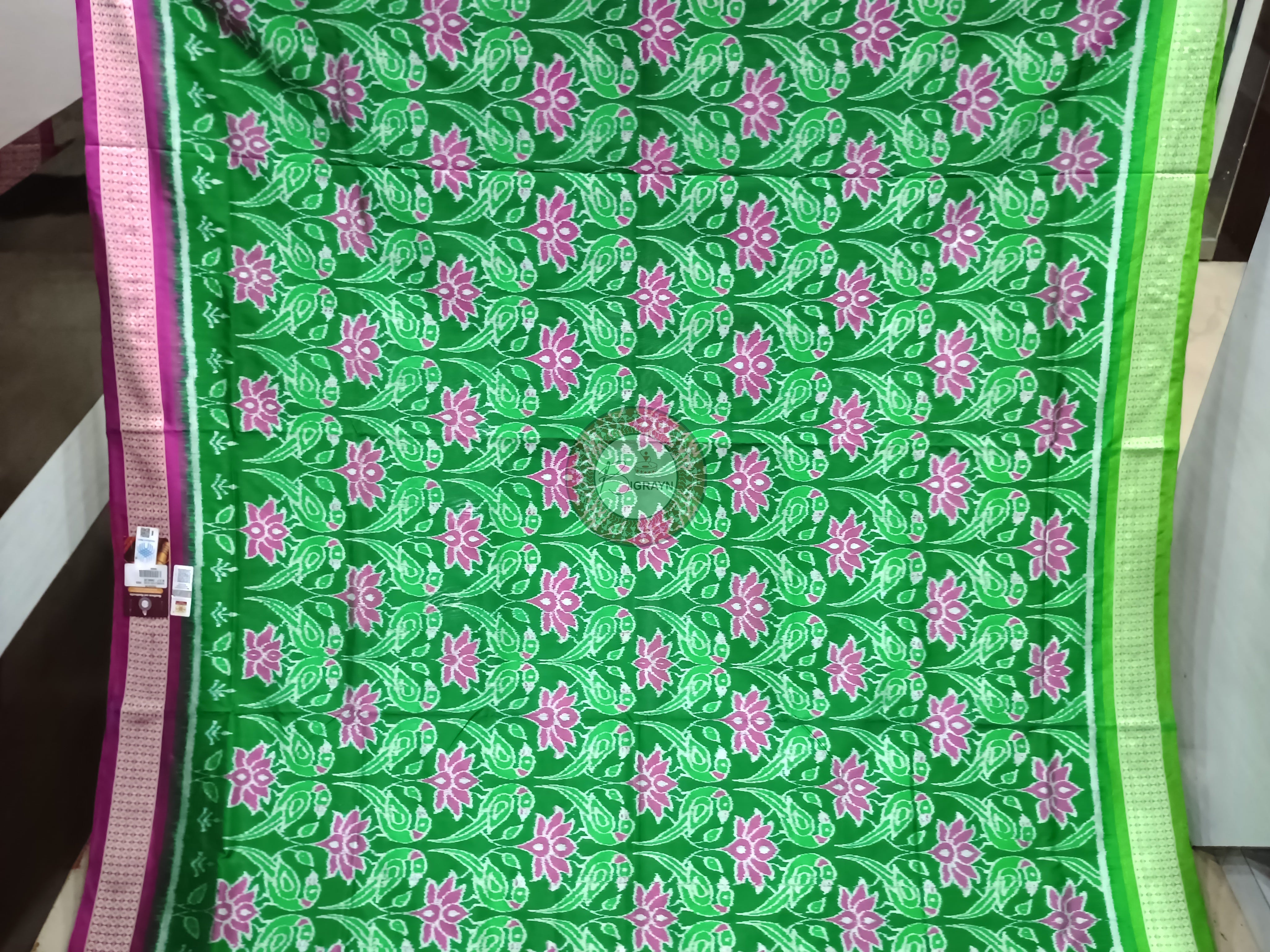 Green Ganga Jamuna Border Lotus Parrot Sambalpuri Silk Saree