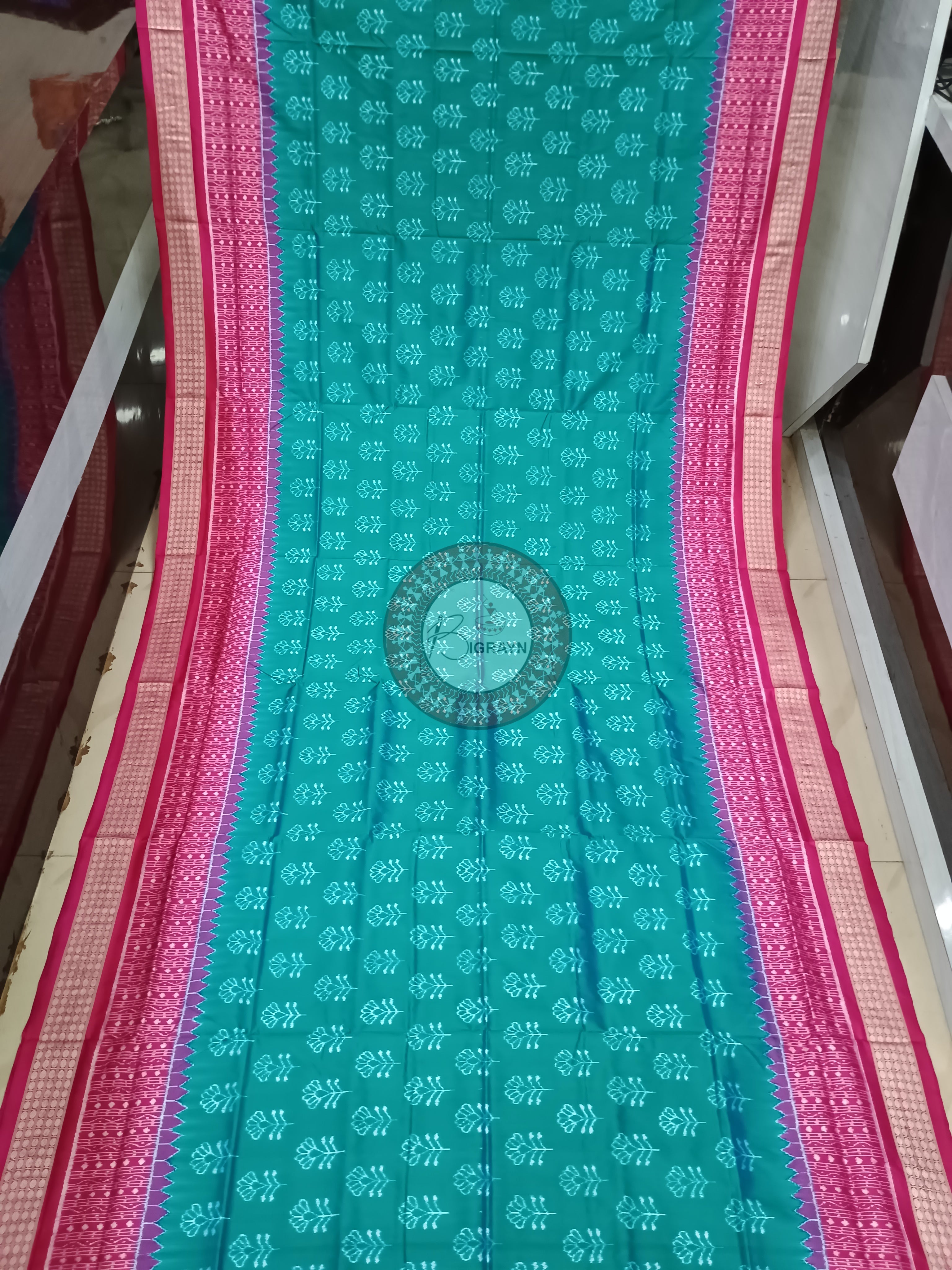 Sea Green Magenta Flower Ek Chandia Sambalpuri Silk Saree