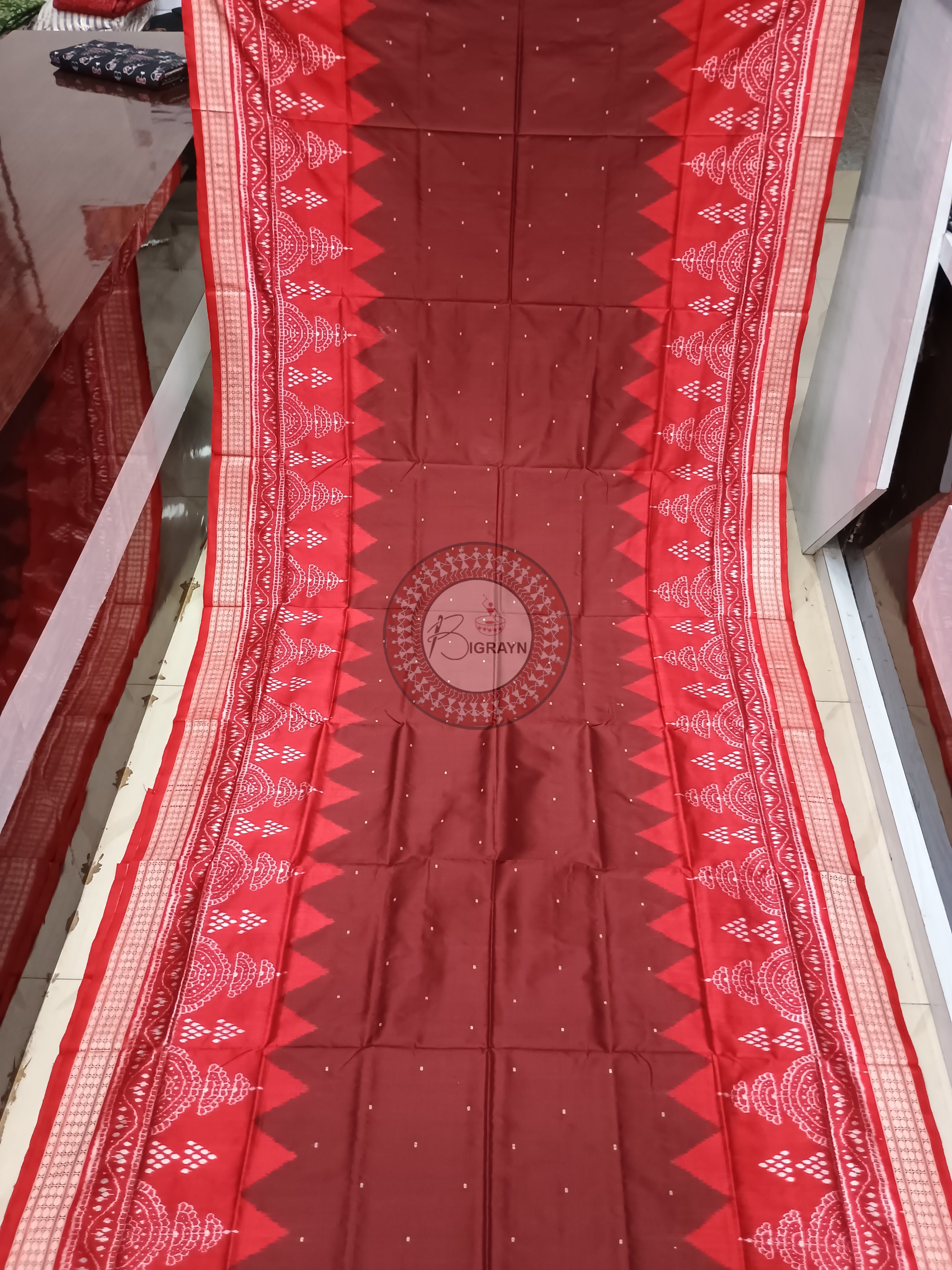 Maroon Red Scot Chita Design Sambalpuri Silk Saree