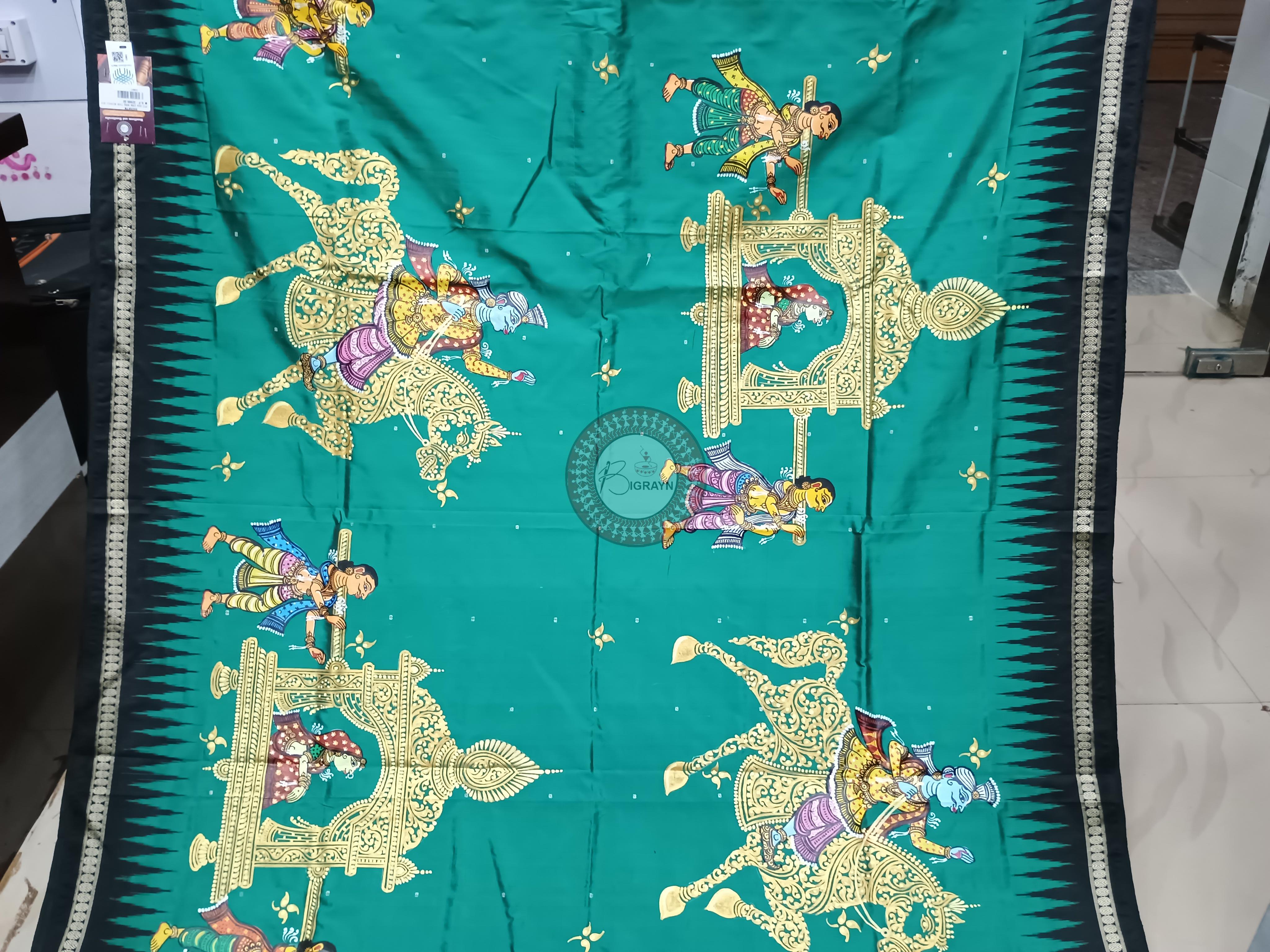 Green Black Marriage Theme Pattachitra Sambalpuri Silk Saree