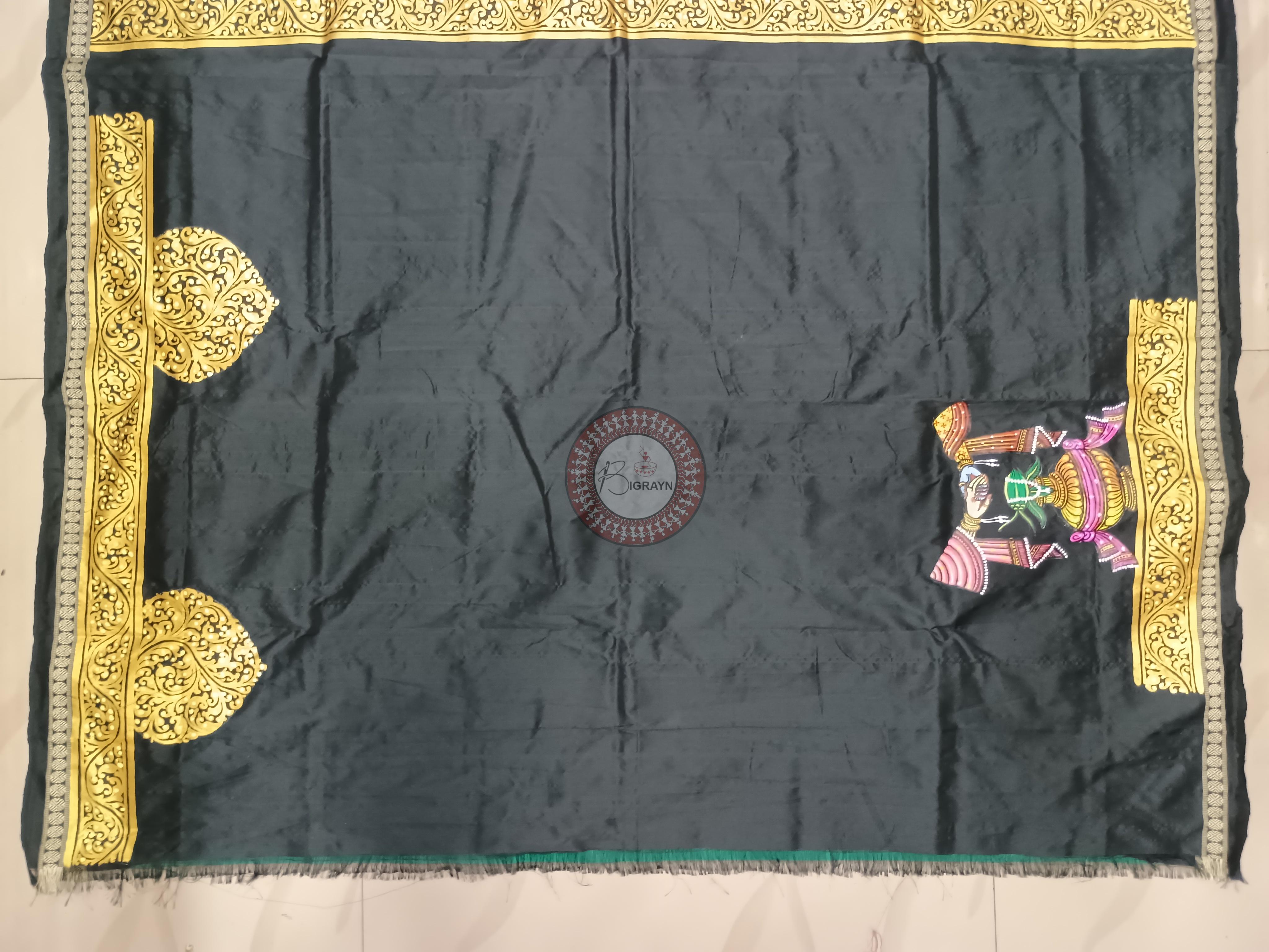 Green Black Marriage Theme Pattachitra Sambalpuri Silk Saree