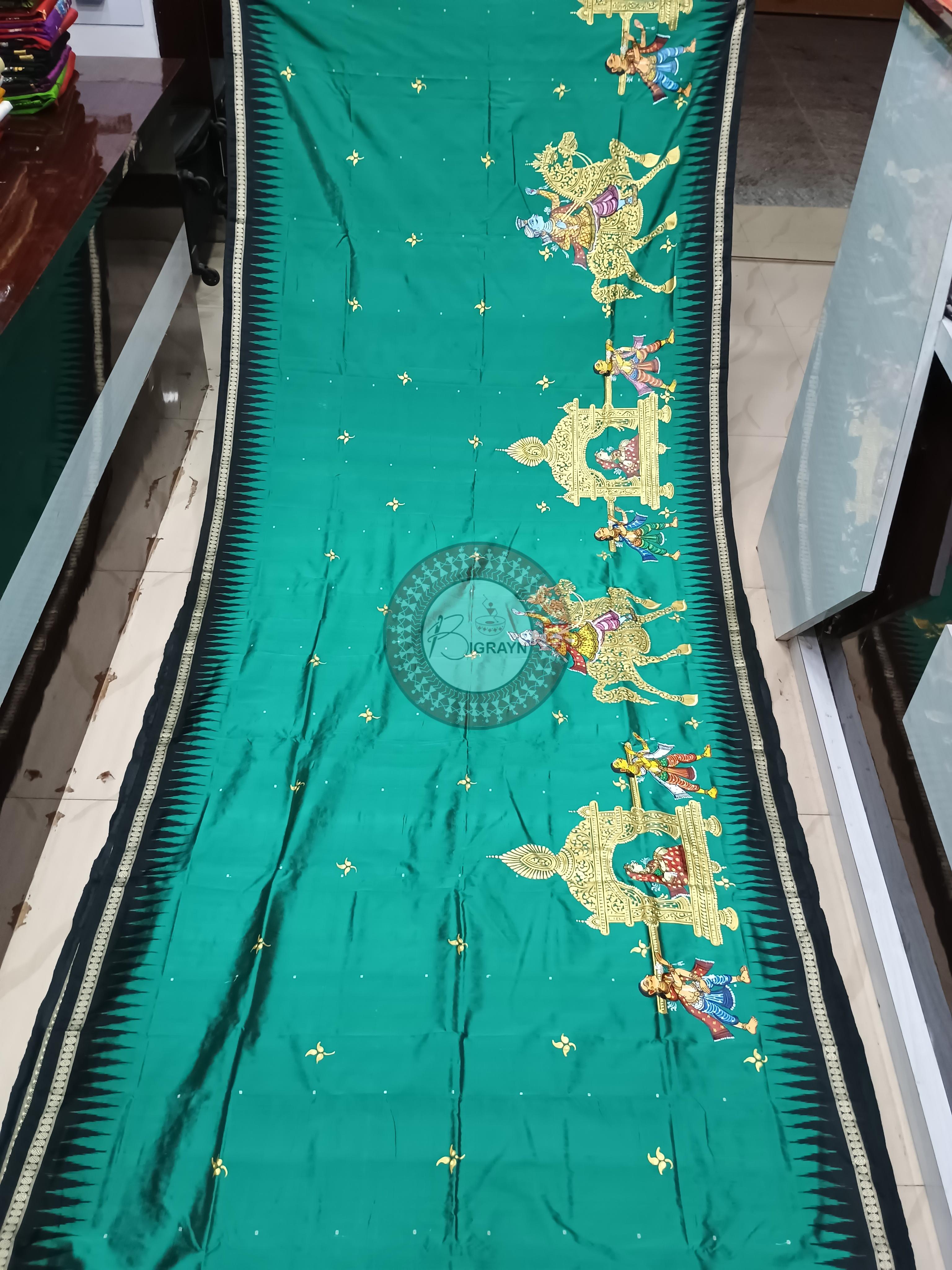 Green Black Marriage Theme Pattachitra Sambalpuri Silk Saree