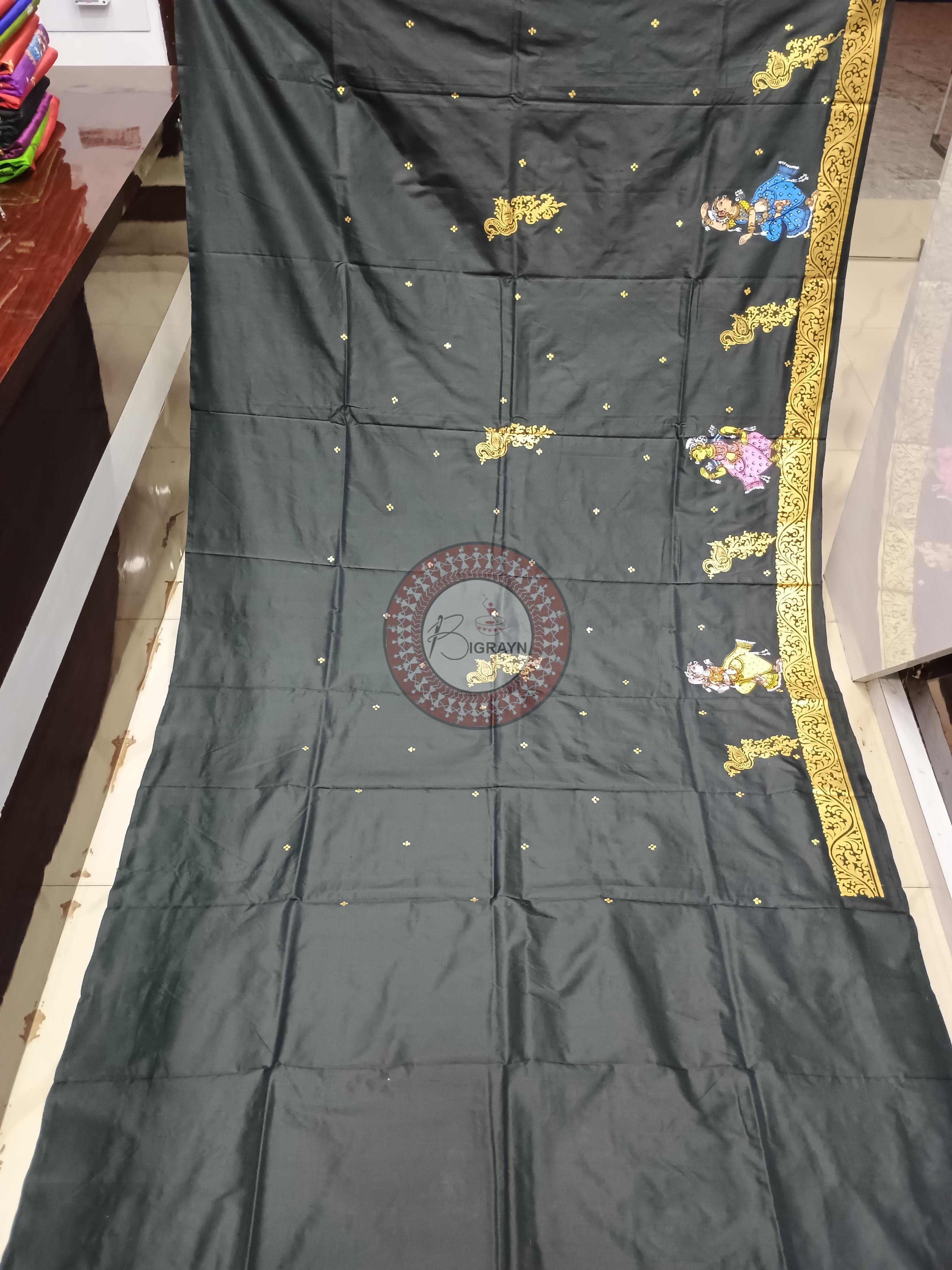 Black Ardha Chandra Theme Pattachitra Sambalpuri Silk Saree