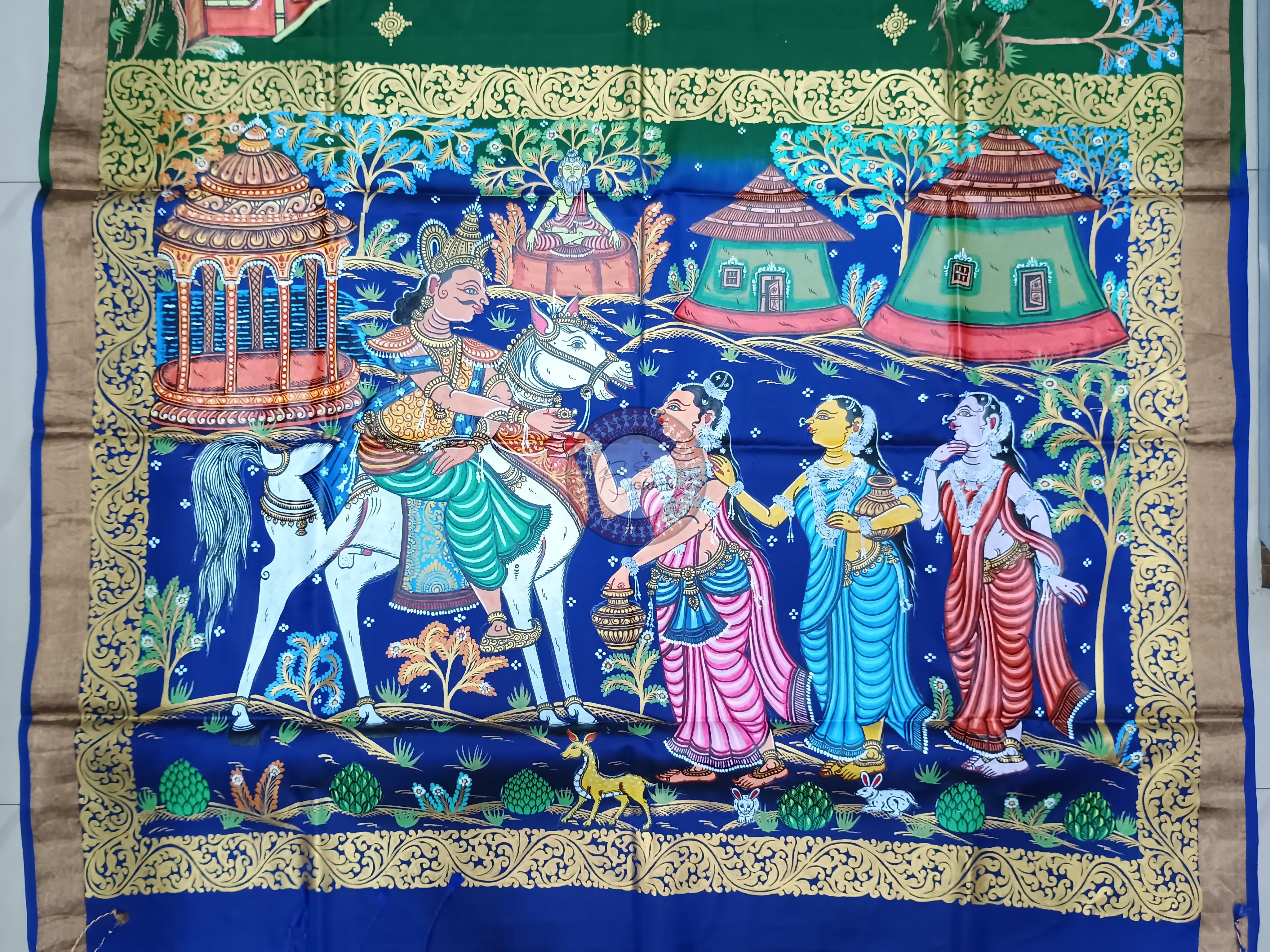 Green Blue Six Season Theme Pattachitra Kanjeeveram Silk Saree