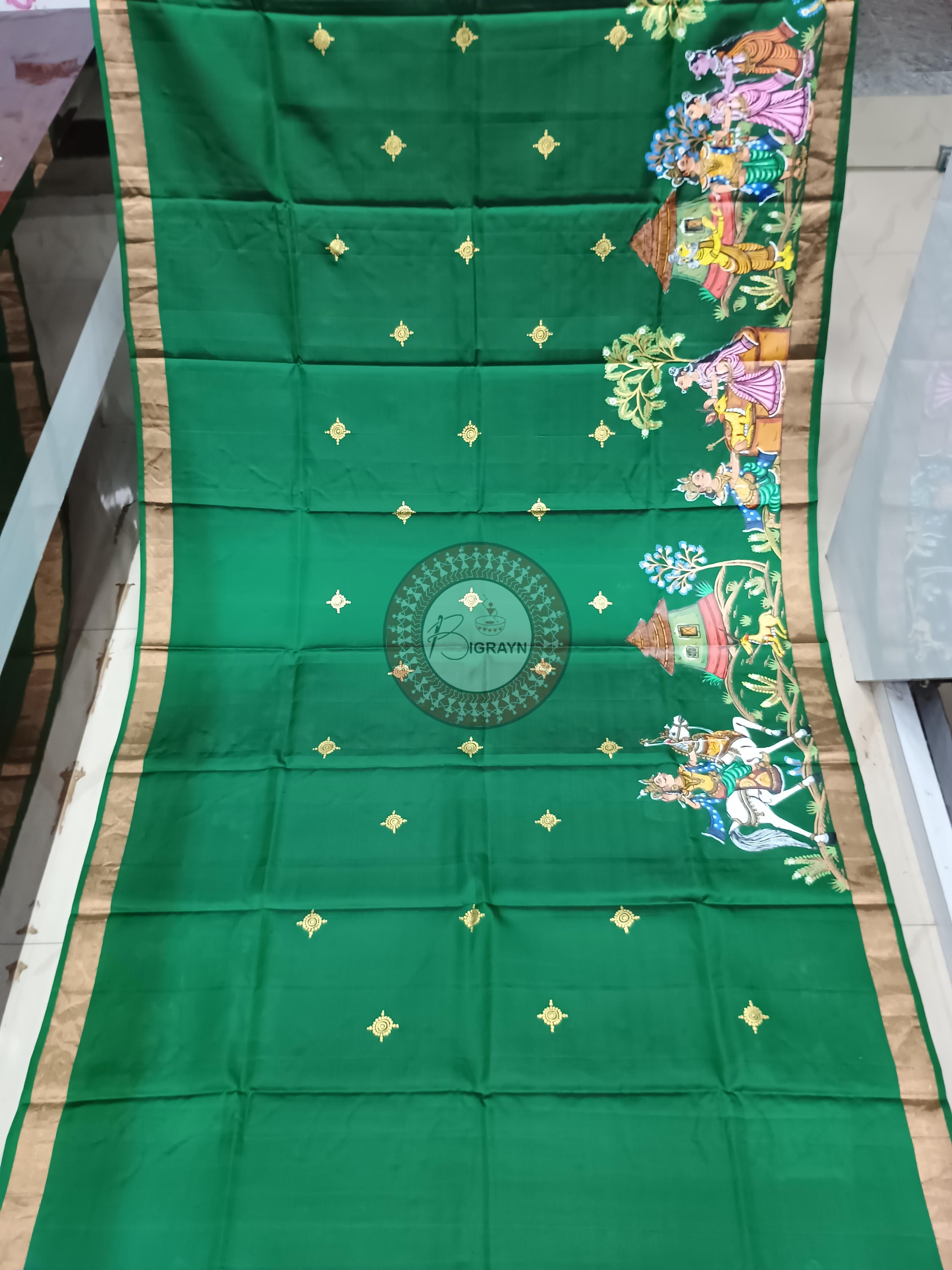 Green Blue Six Season Theme Pattachitra Kanjeeveram Silk Saree