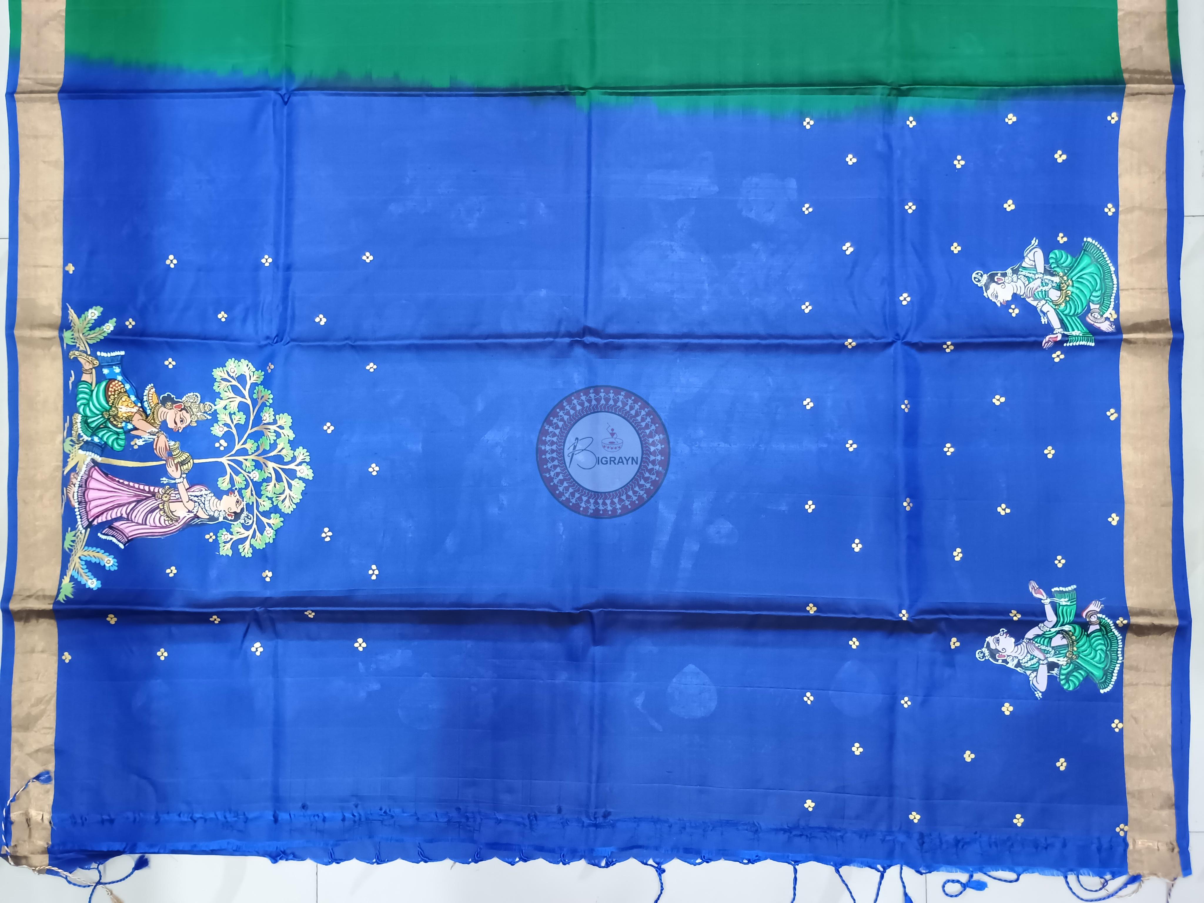 Green Blue Six Season Theme Pattachitra Kanjeeveram Silk Saree