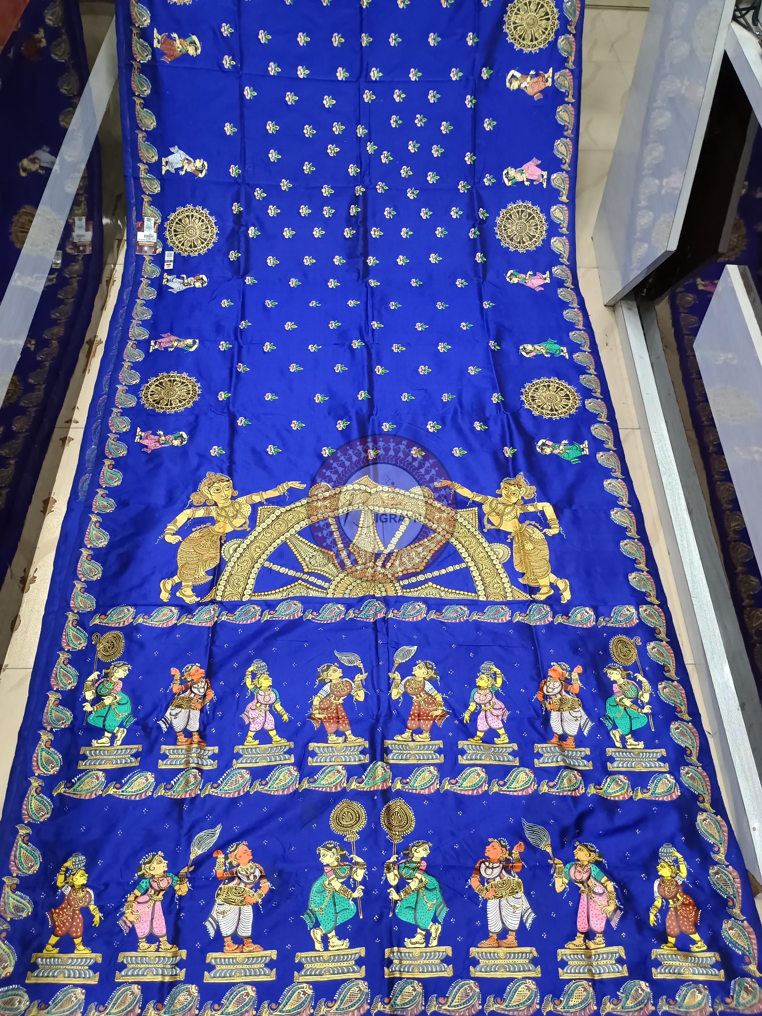 Blue Half Konark And Dancer Theme Pattachitra Sambalpuri Silk Saree