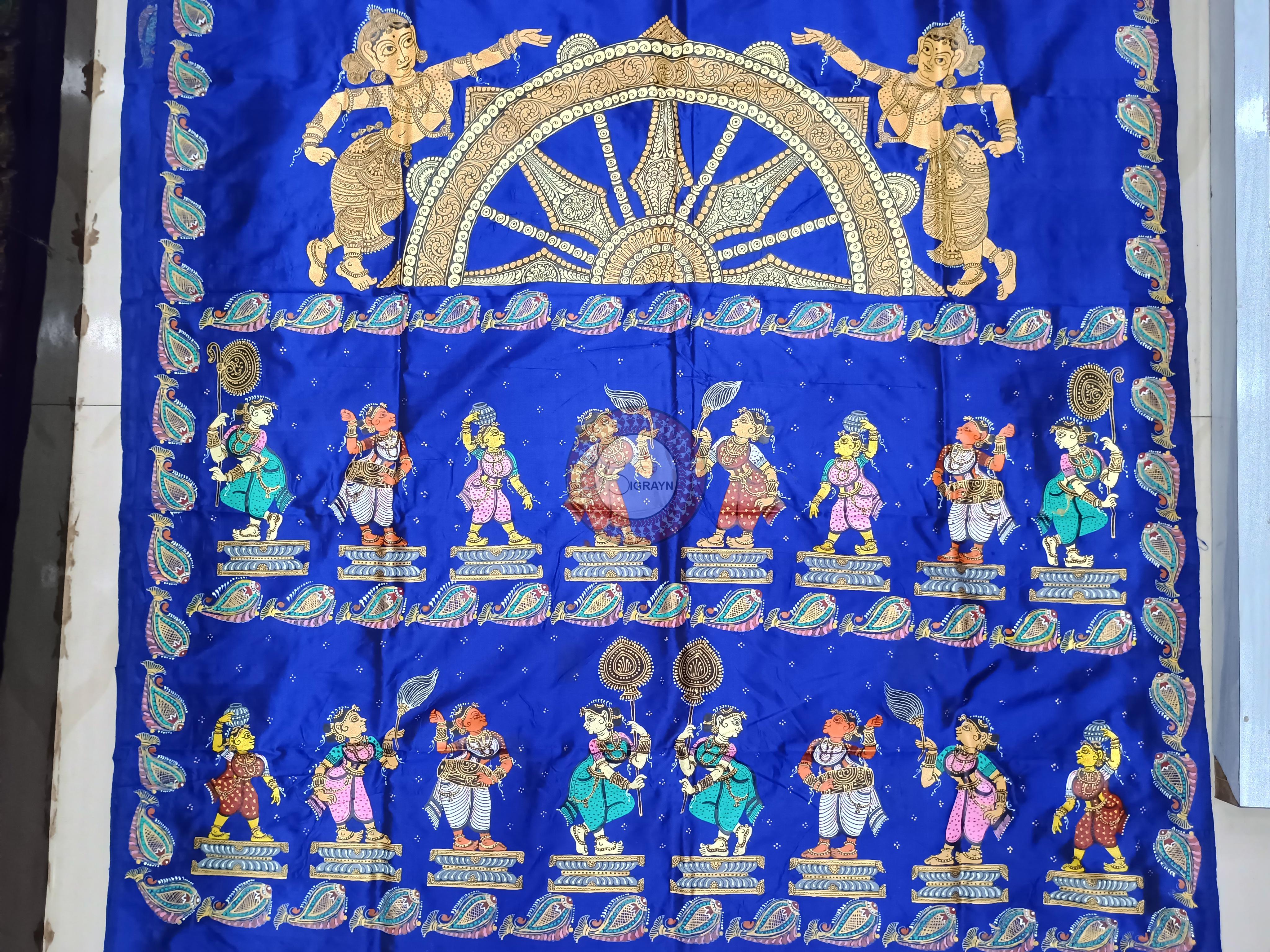 Blue Half Konark And Dancer Theme Pattachitra Sambalpuri Silk Saree