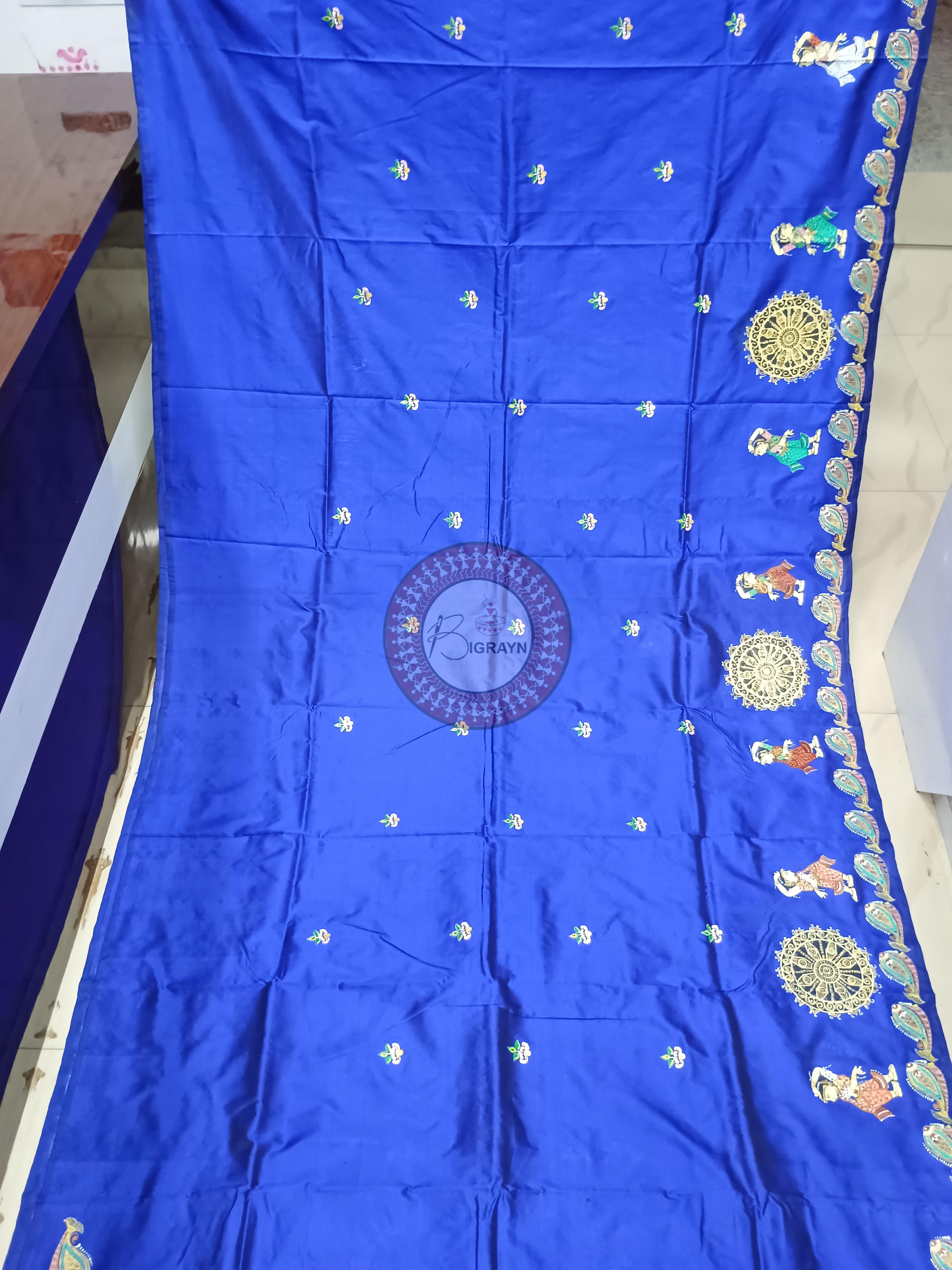 Blue Half Konark And Dancer Theme Pattachitra Sambalpuri Silk Saree