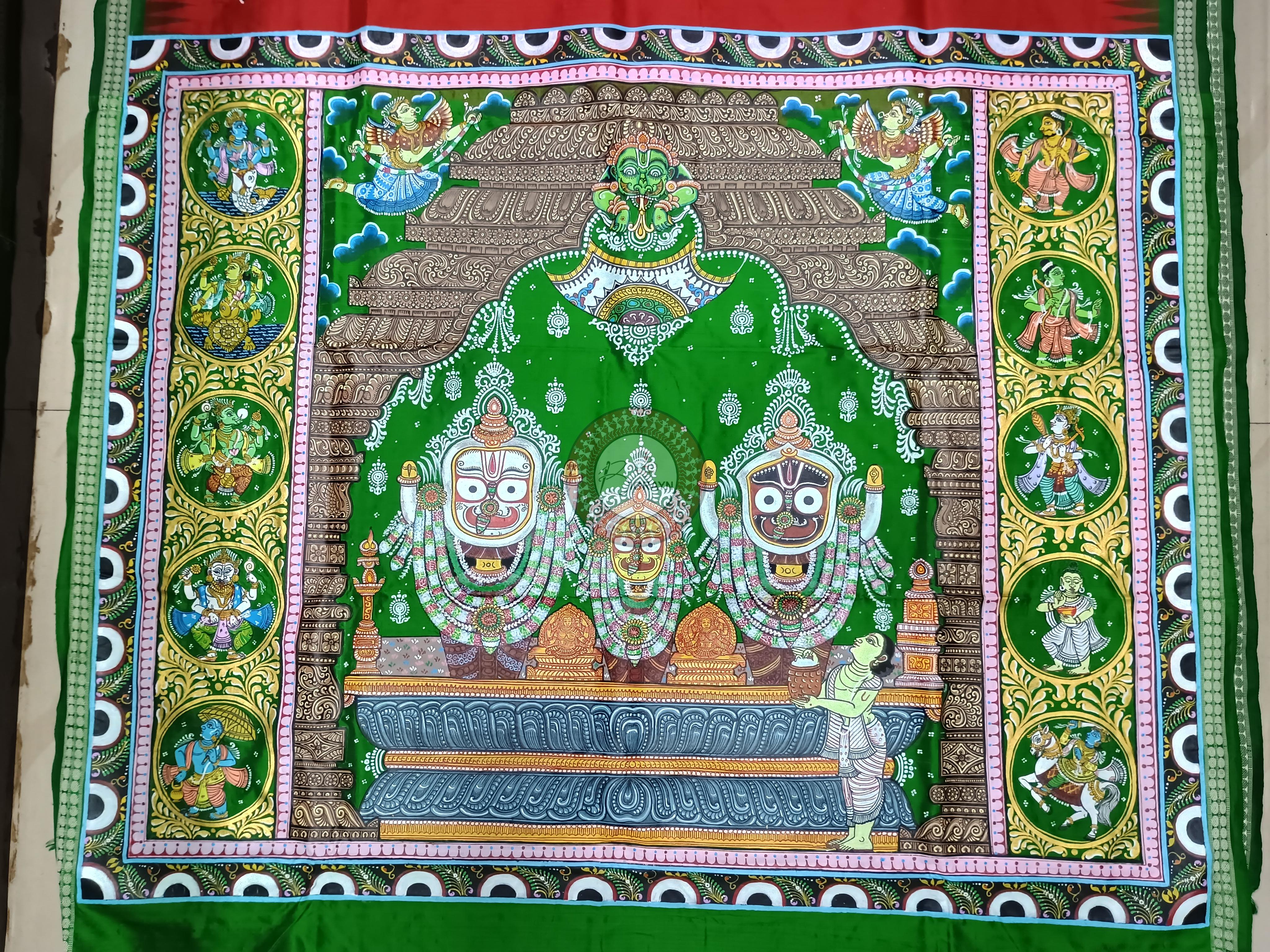 Red Green Dash Avatar Pattachitra Sambalpuri Silk Saree