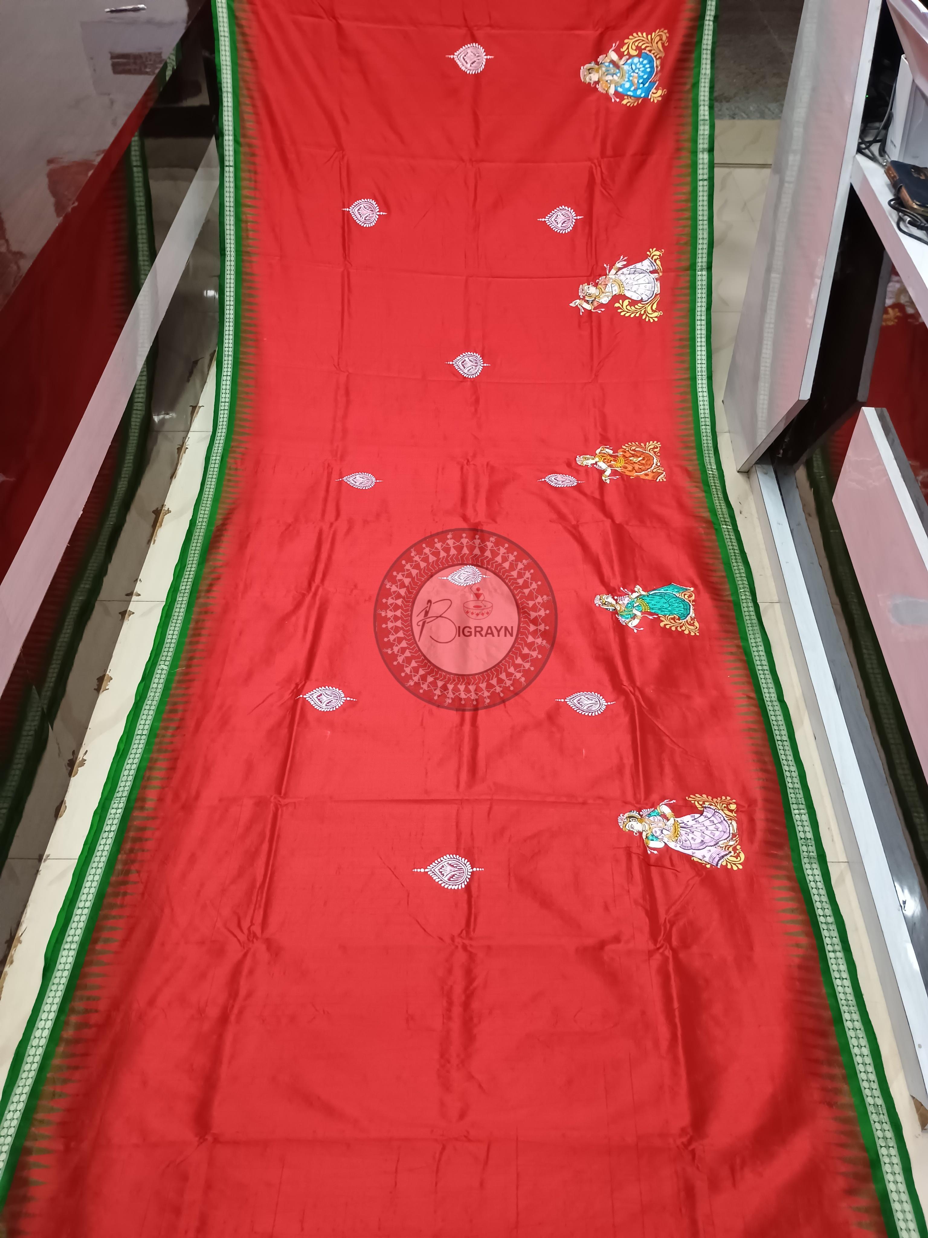 Red Green Dash Avatar Pattachitra Sambalpuri Silk Saree