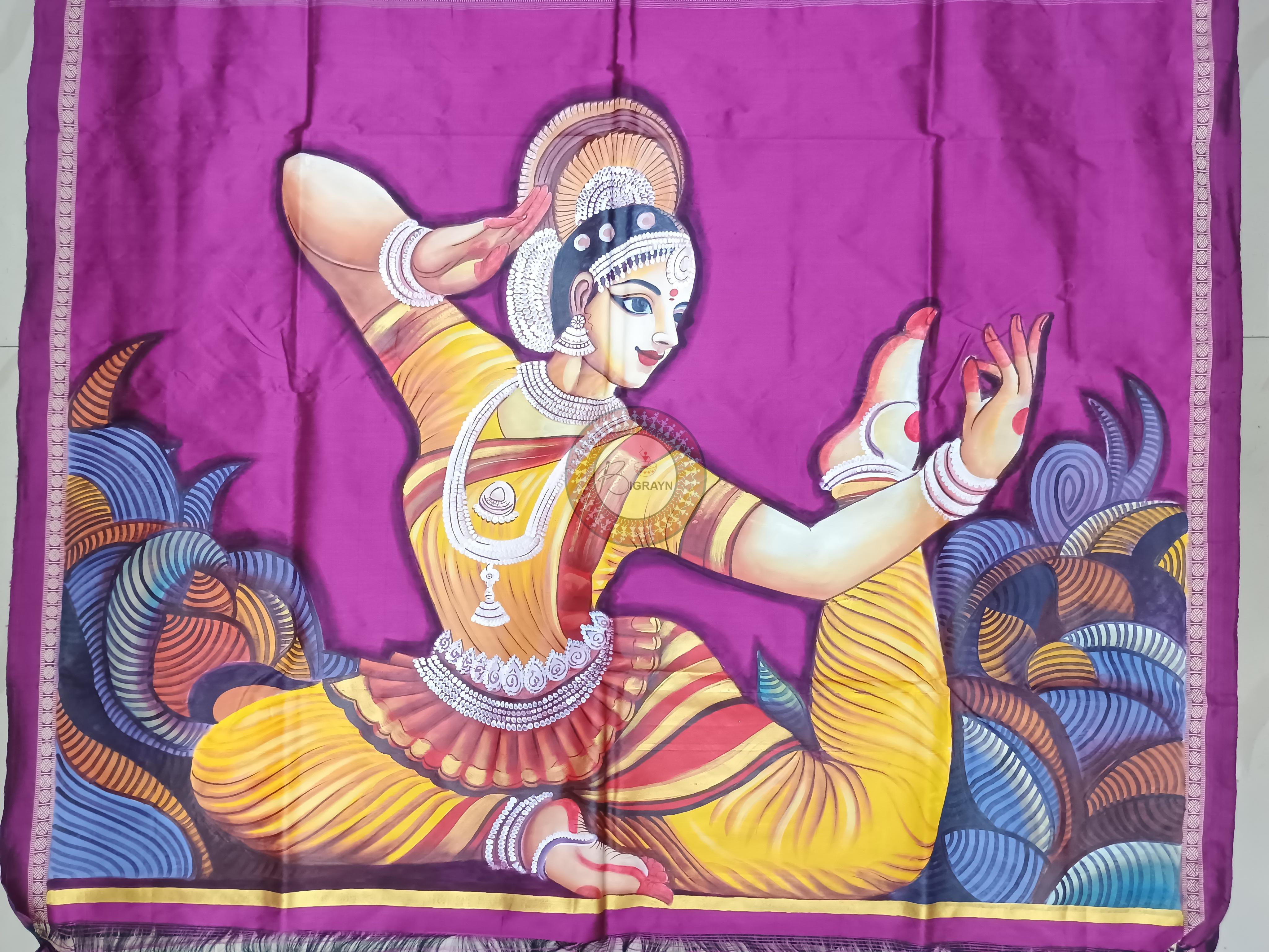 Grey Magenta Odishi Dancer Theme Pattachitra Sambalpuri Silk Saree