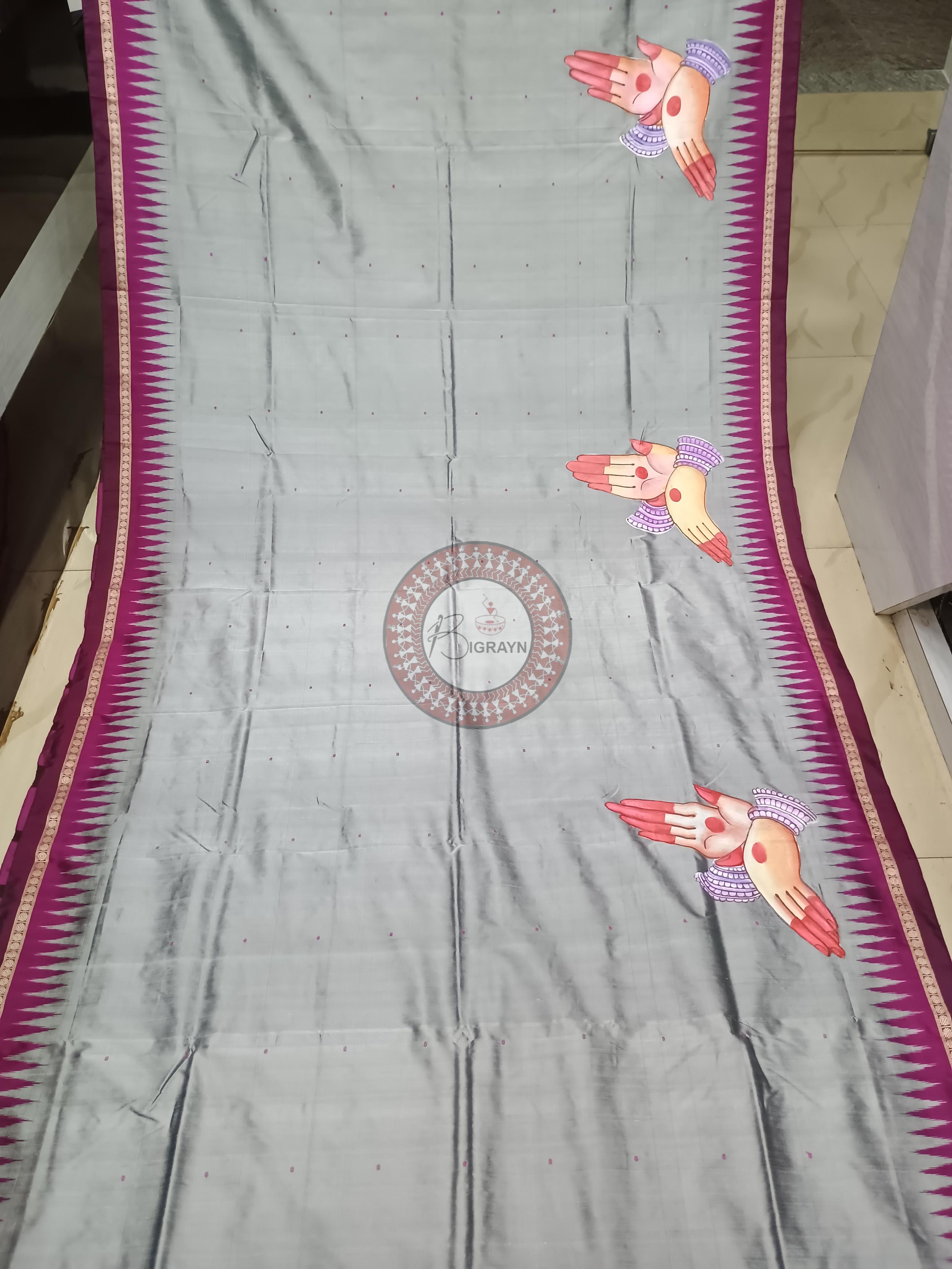 Grey Magenta Odishi Dancer Theme Pattachitra Sambalpuri Silk Saree