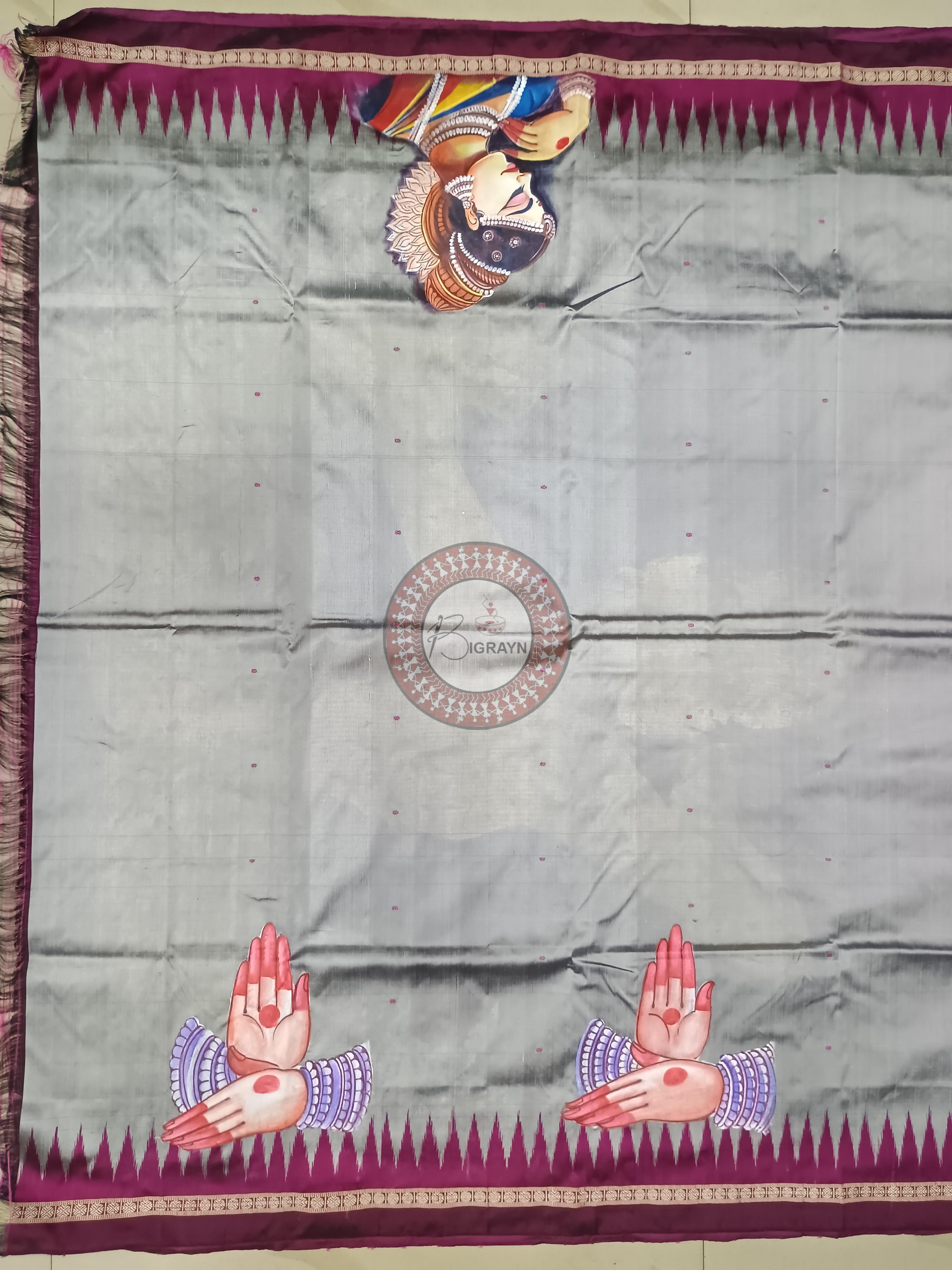 Grey Magenta Odishi Dancer Theme Pattachitra Sambalpuri Silk Saree